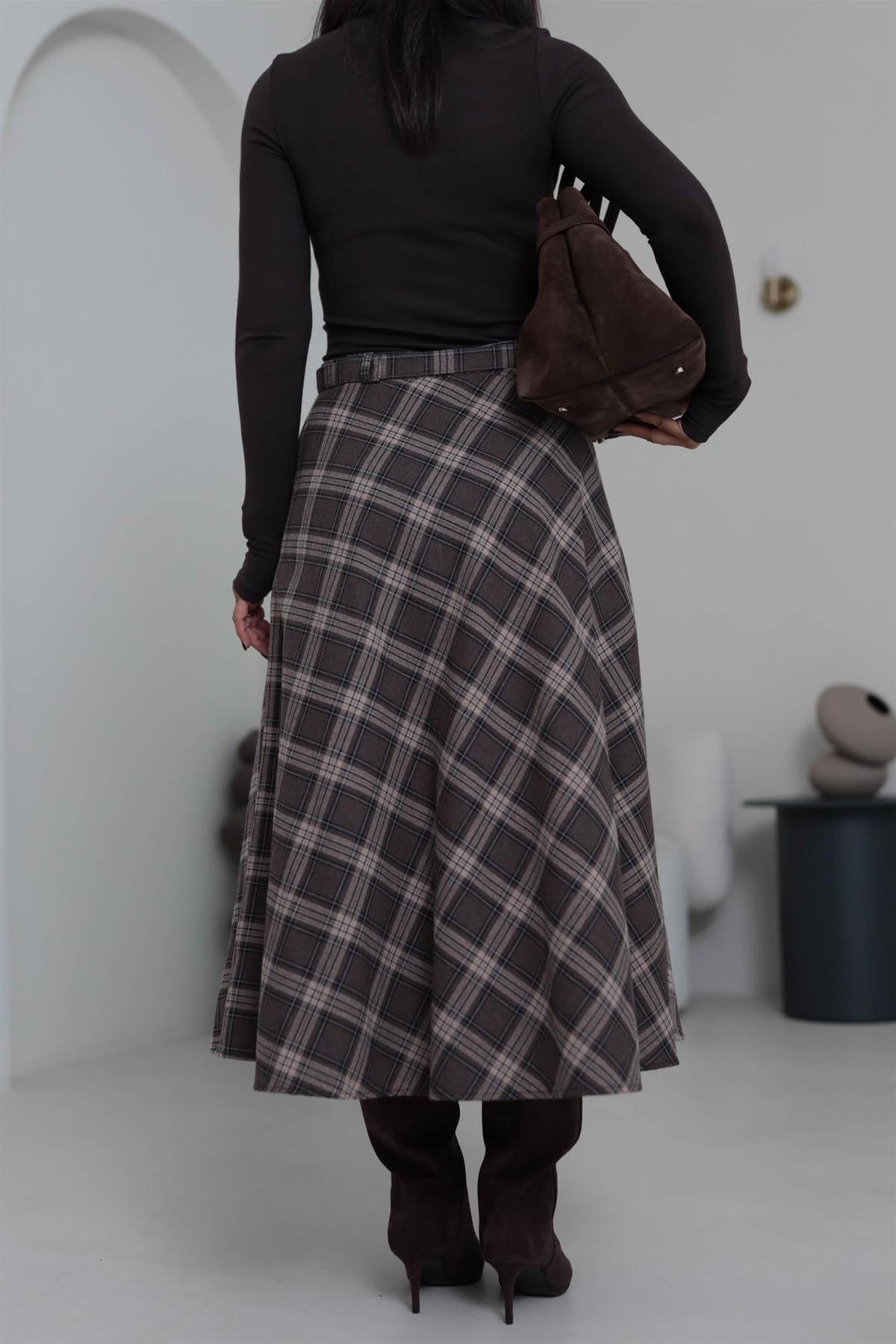 6977 Ön Düğme Detaylı Ekose Çan Etek KAHVE