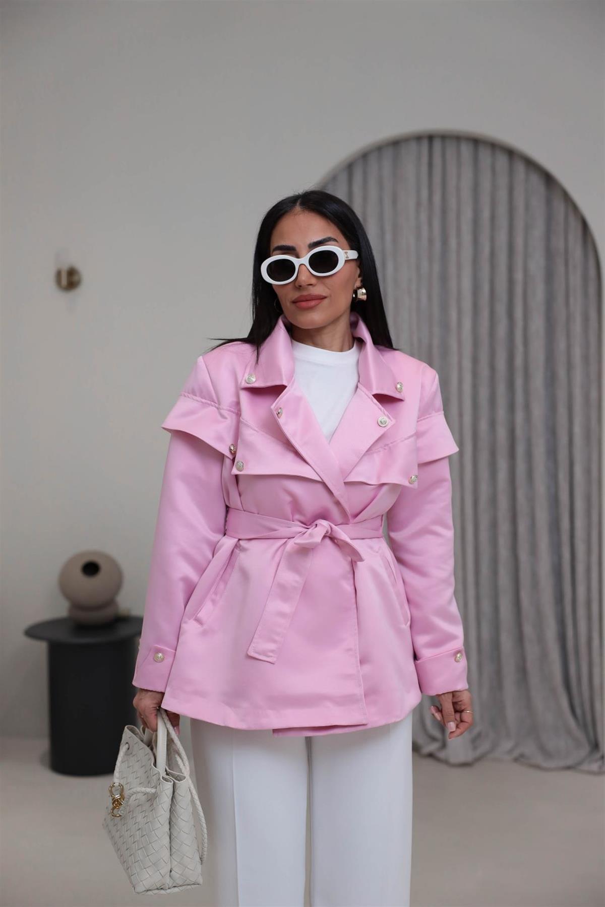 302 Gold Düğmeli Kuşaklı Saten Ceket PEMBE