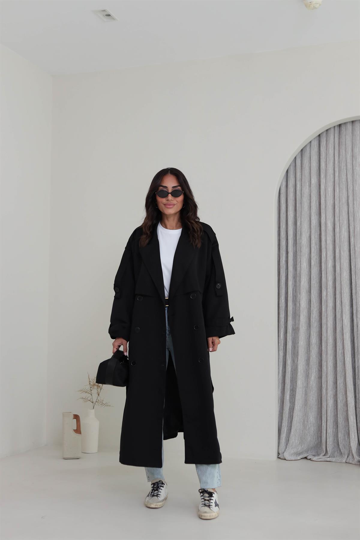 2020 Apoletli Kuşaklı Uzun Trençkot SİYAH