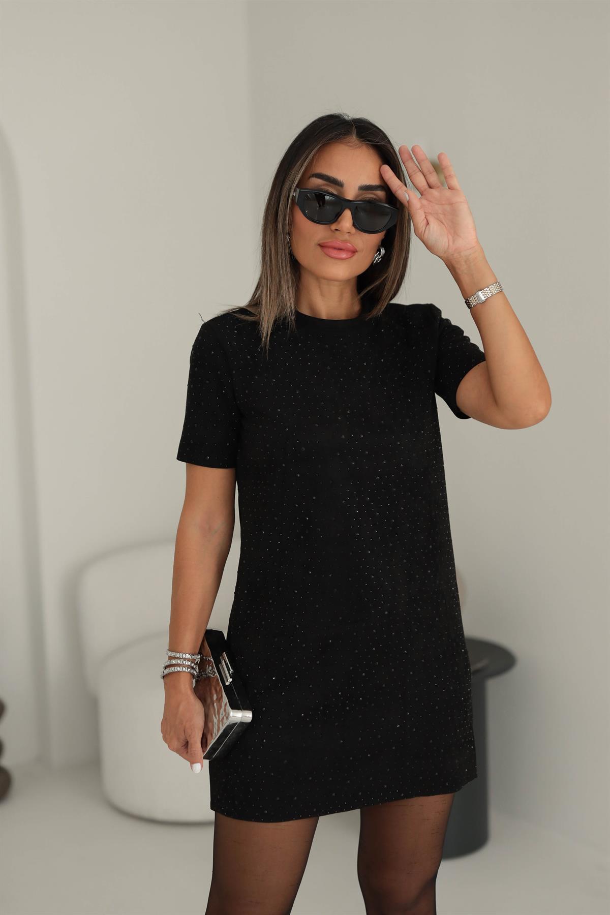 6398 Taşlı Nubuk Elbise SİYAH