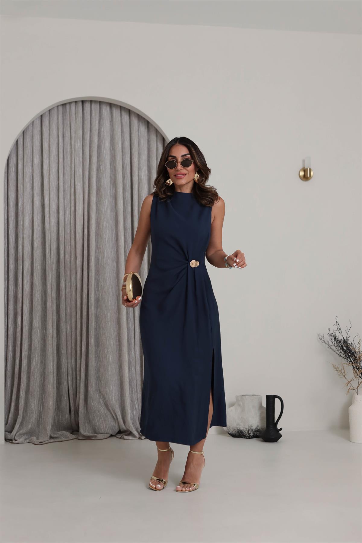 2264 Sıfır Kol Toka Detaylı Tencel Elbise LACİVERT