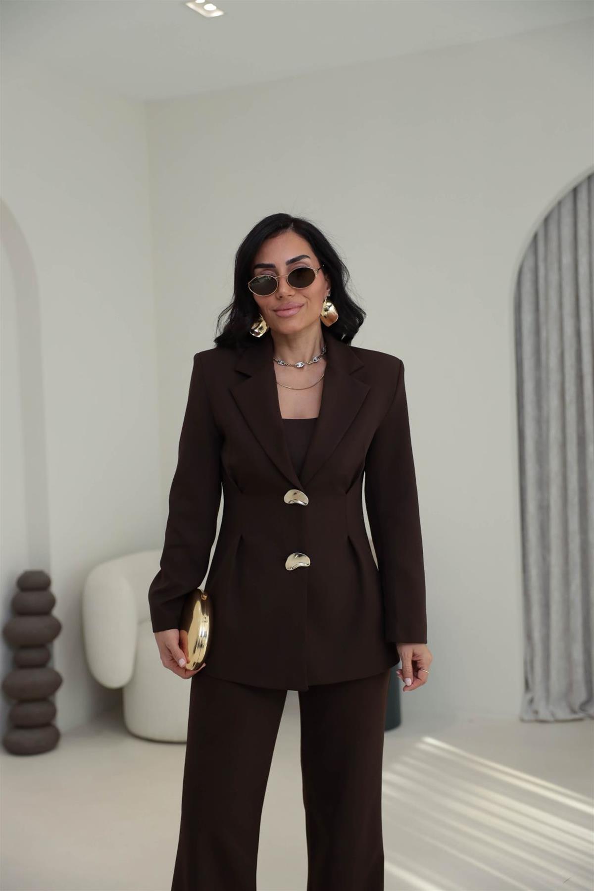 9201 Gold Düğmeli Ceket ve Pantolonlu Takım KAHVE