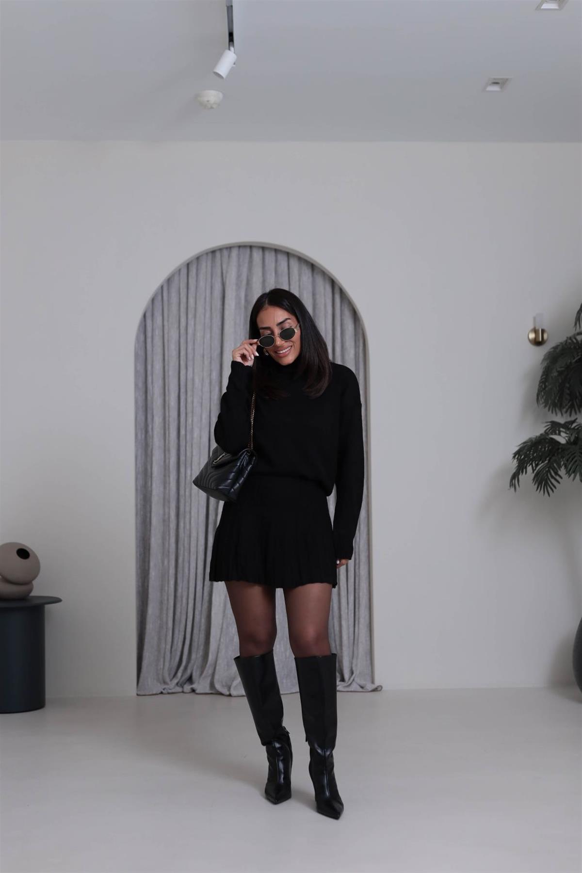 5139K Balıkçı Yaka Etekli Triko Takım SİYAH