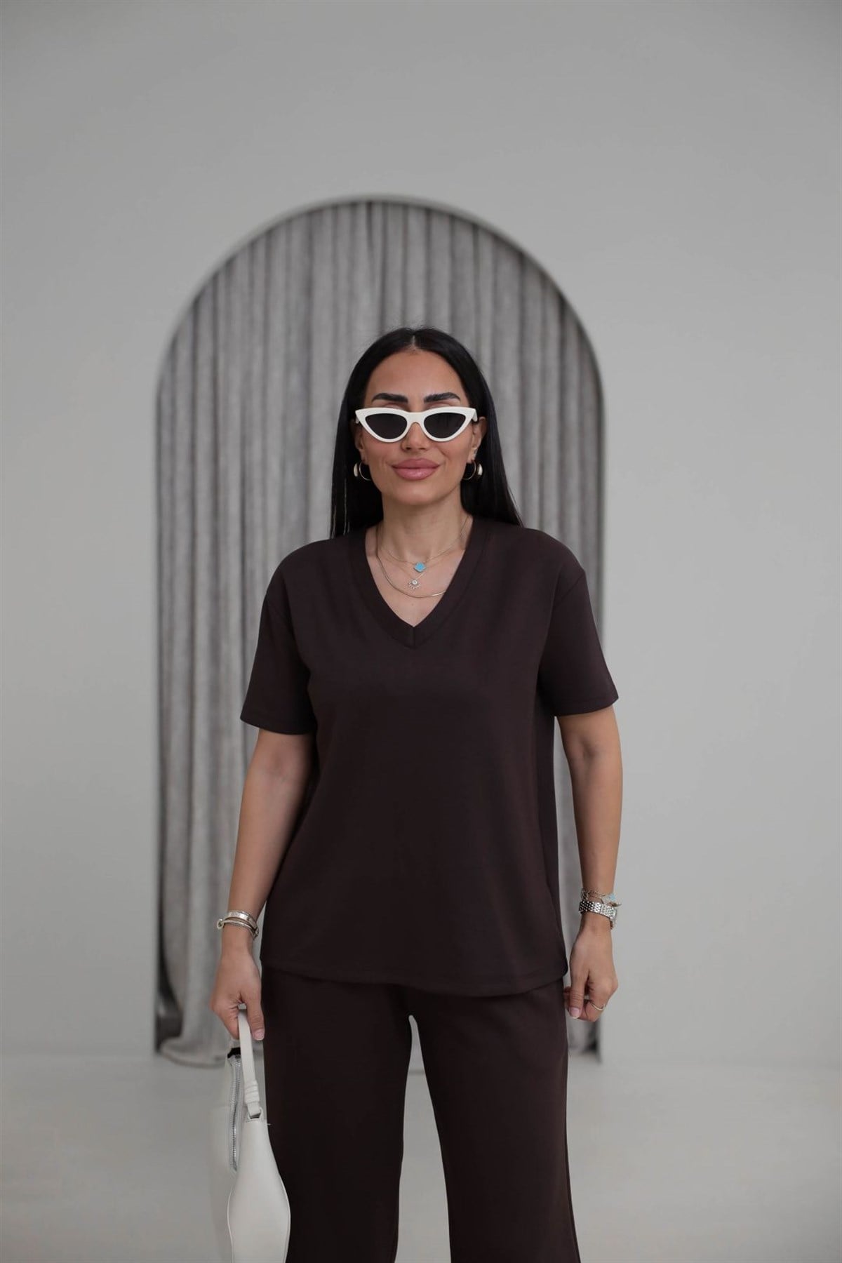 T927 V Yaka Modal Kumaş Tshirt ACI KAHVE