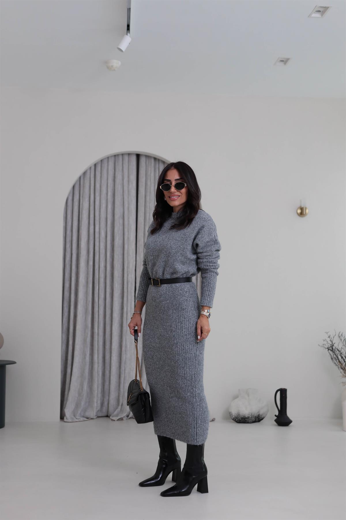 0260 Bisiklet Yaka Yumuşak Dokulu Triko  Elbise GRİ MELANJ