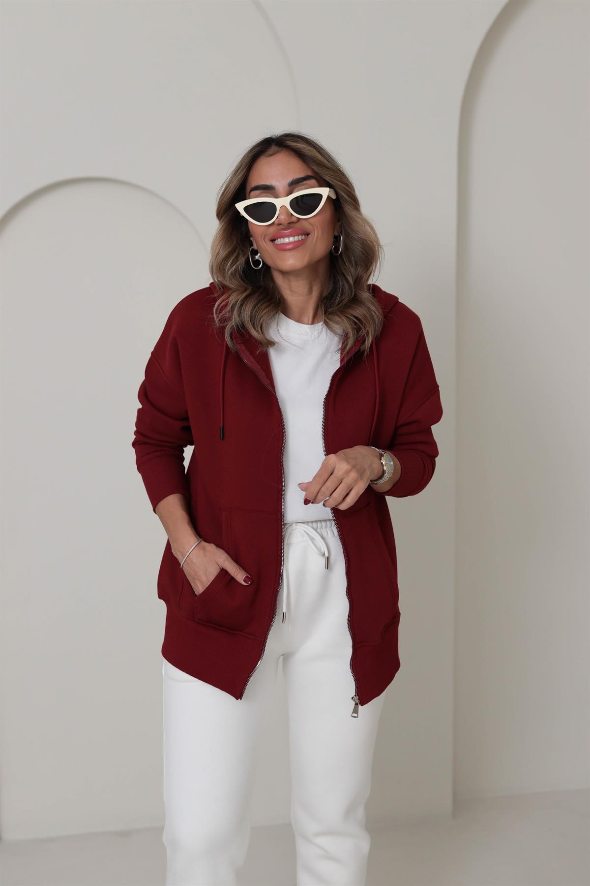 0068 Kapşonlu Fermuarlı Sweatshirt BORDO