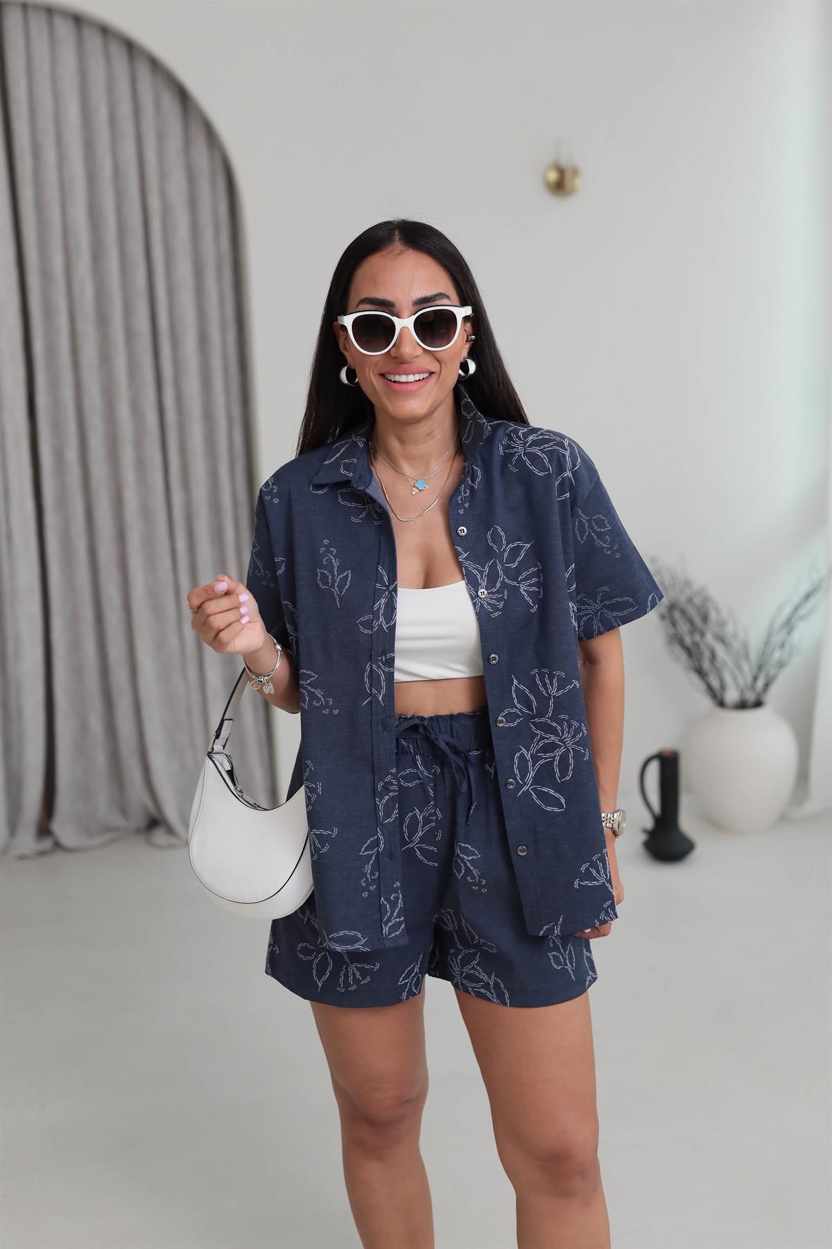 8758 Desenli Oversize Gömlek & Şort Takım LACİVERT
