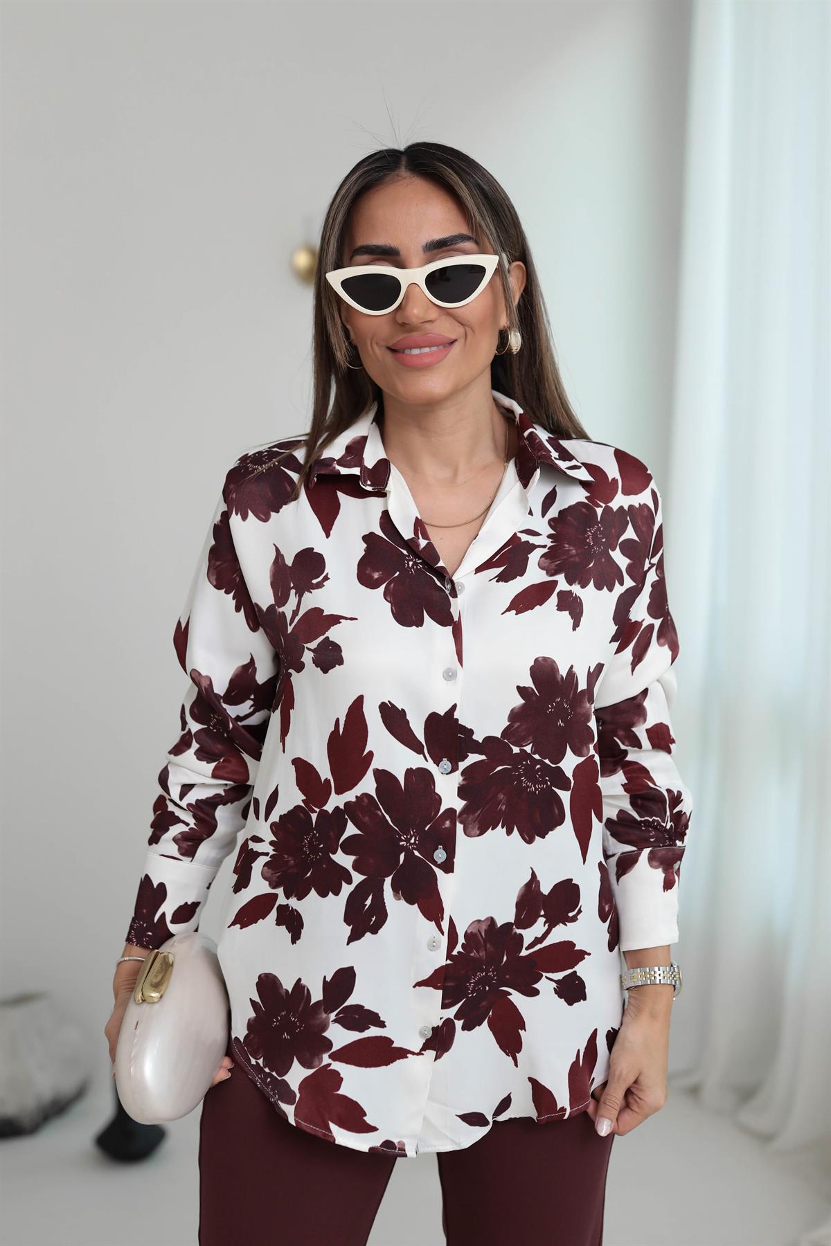 6537 Çiçek Desen İpek Saten Gömlek BORDO
