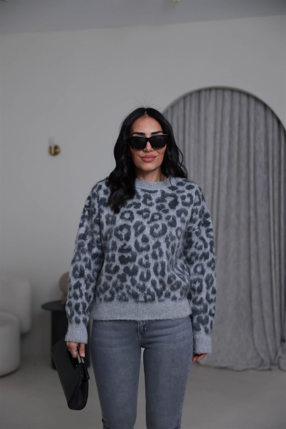 4561 Bisiklet Yaka Leopar Kazak GRİ