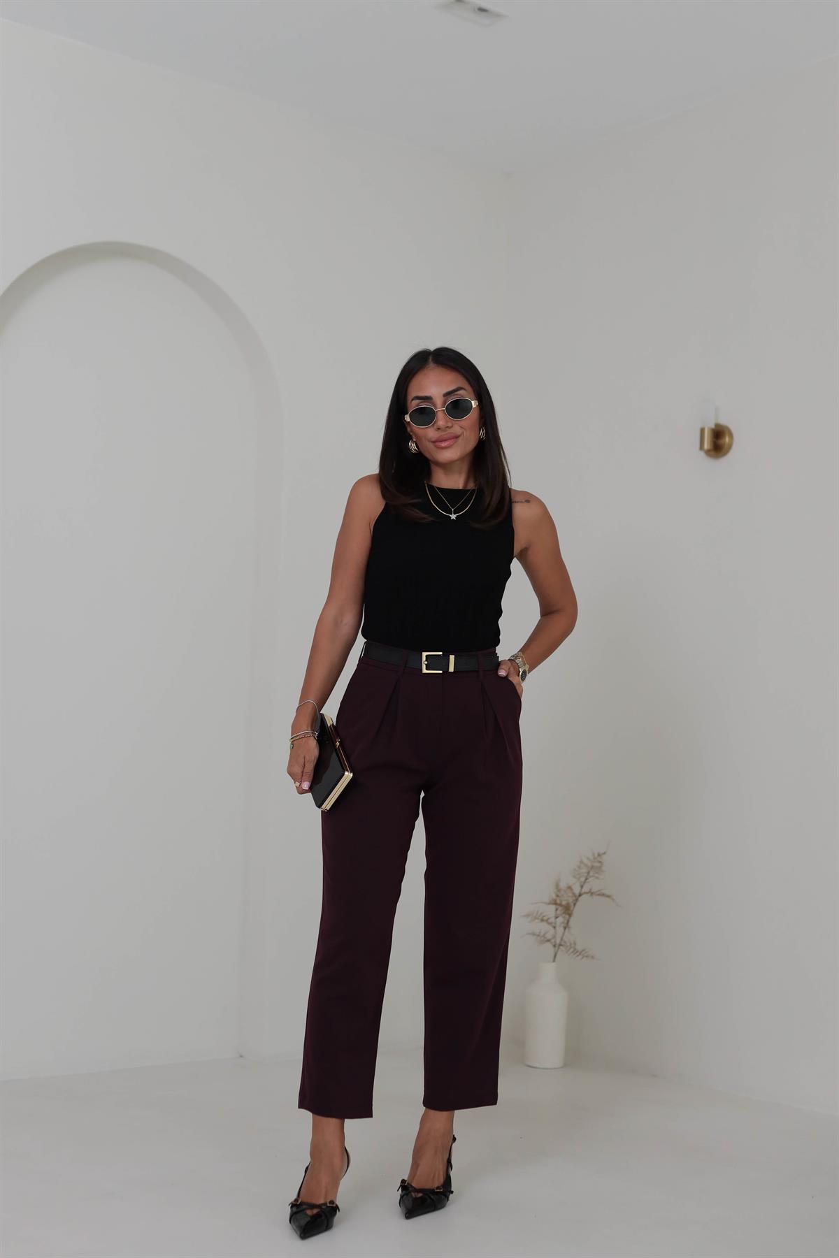 1207 Pile Detaylı Havuç Pantolon MÜRDÜM