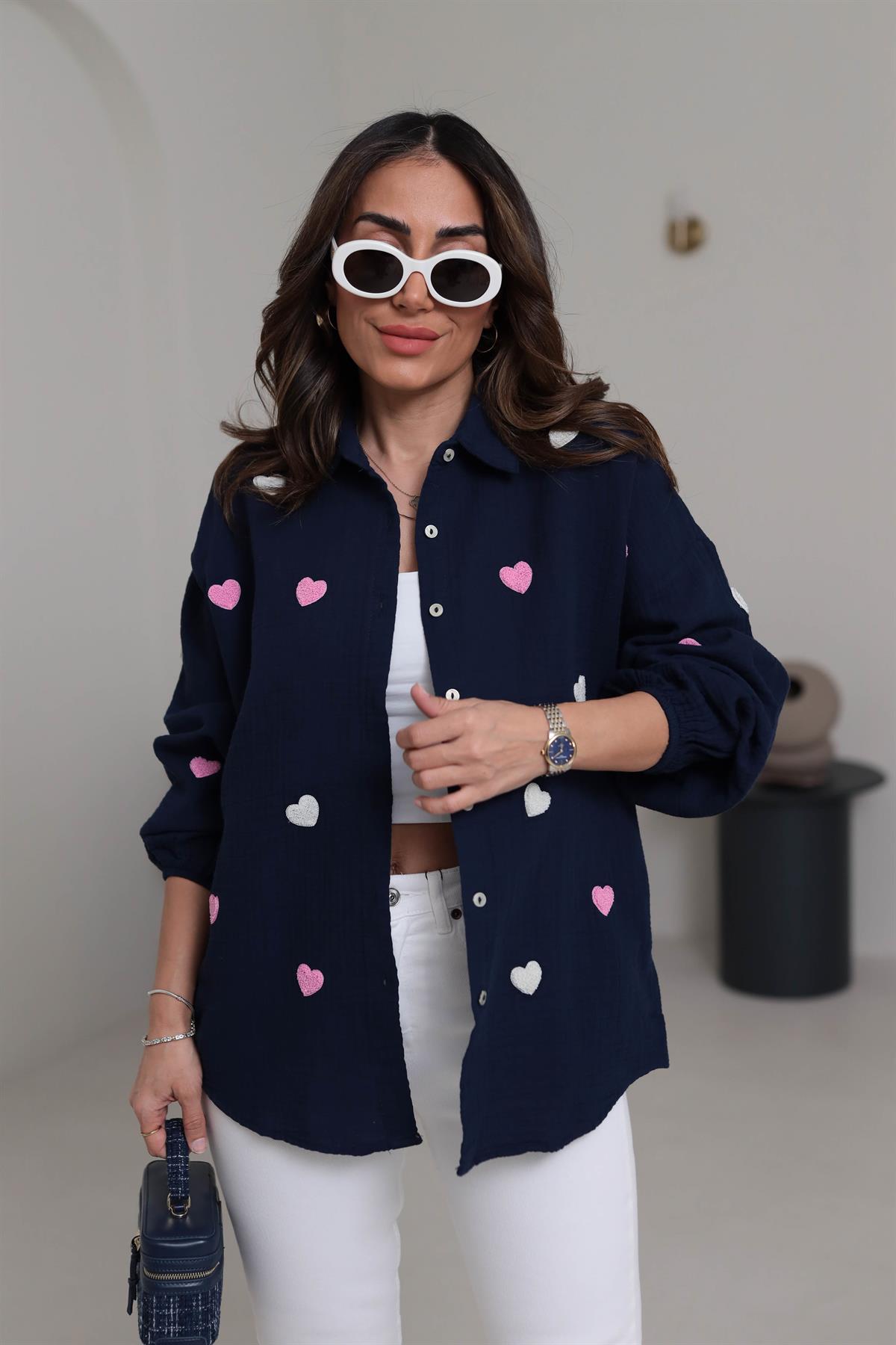 7930 Kalpli Kol Lastikli Müslin Kumaş Gömlek LACİVERT