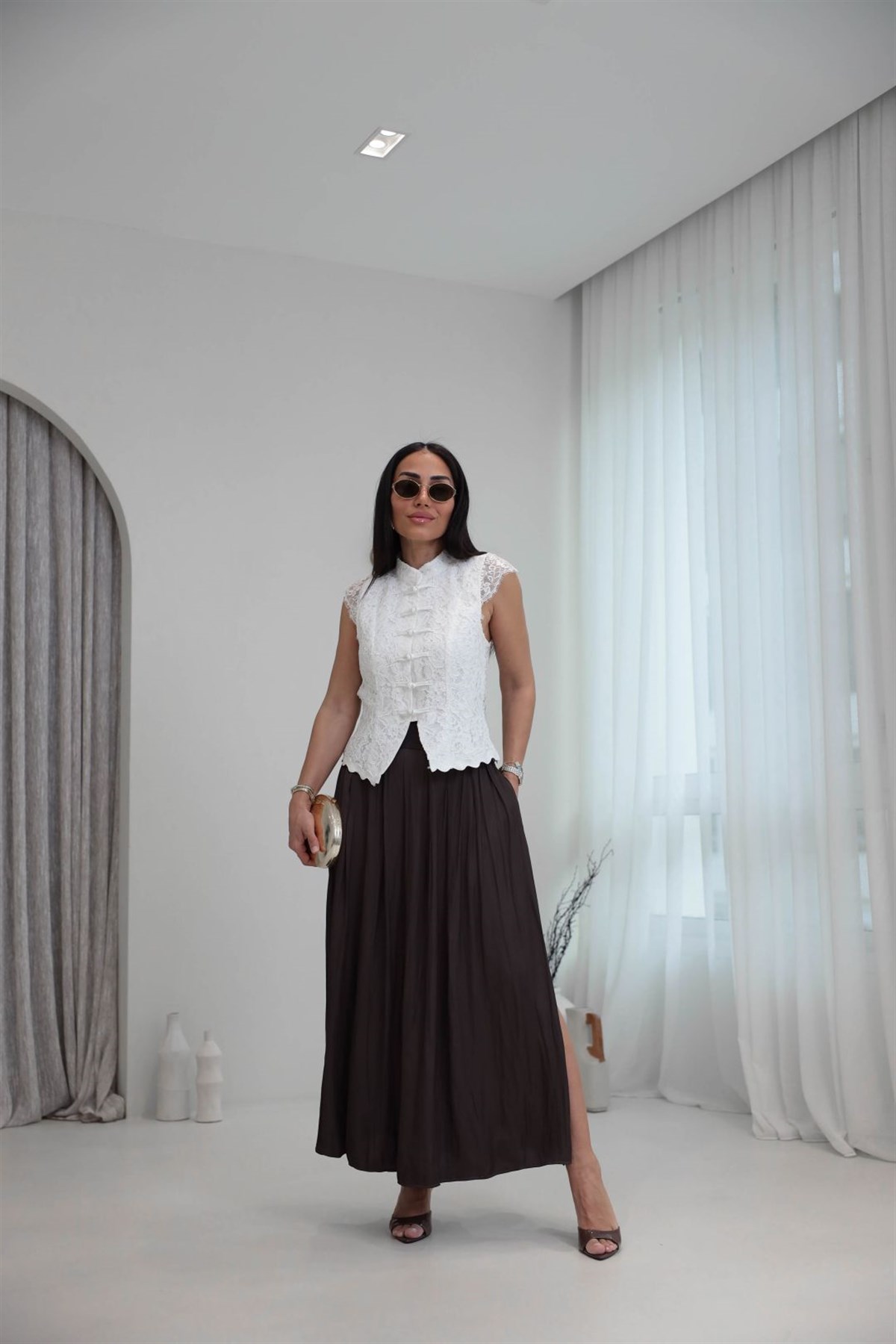 8120 Pileli Maxi Tok Saten Etek KAHVE