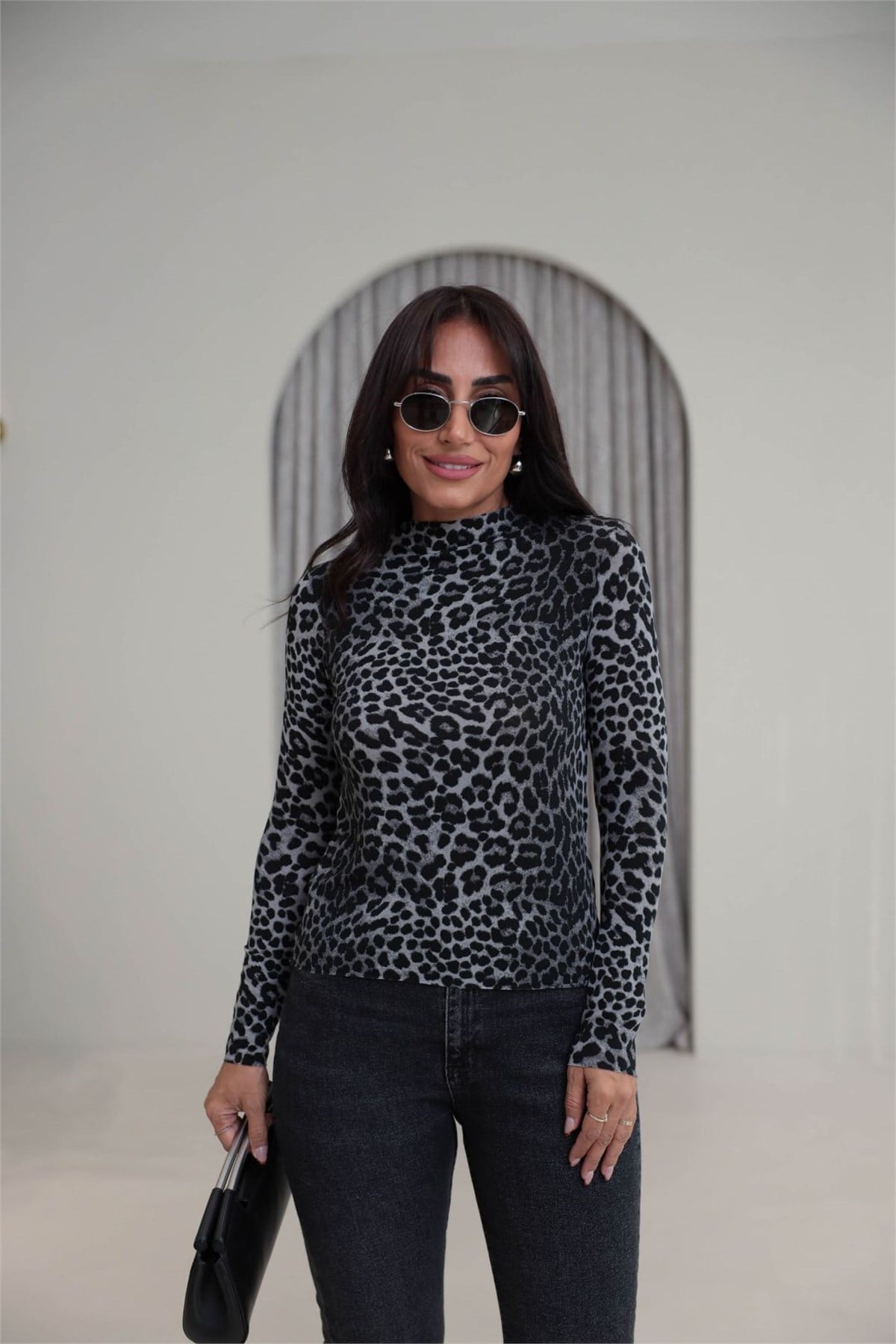 9141 Leopar Desen Bluz ANTRASİT