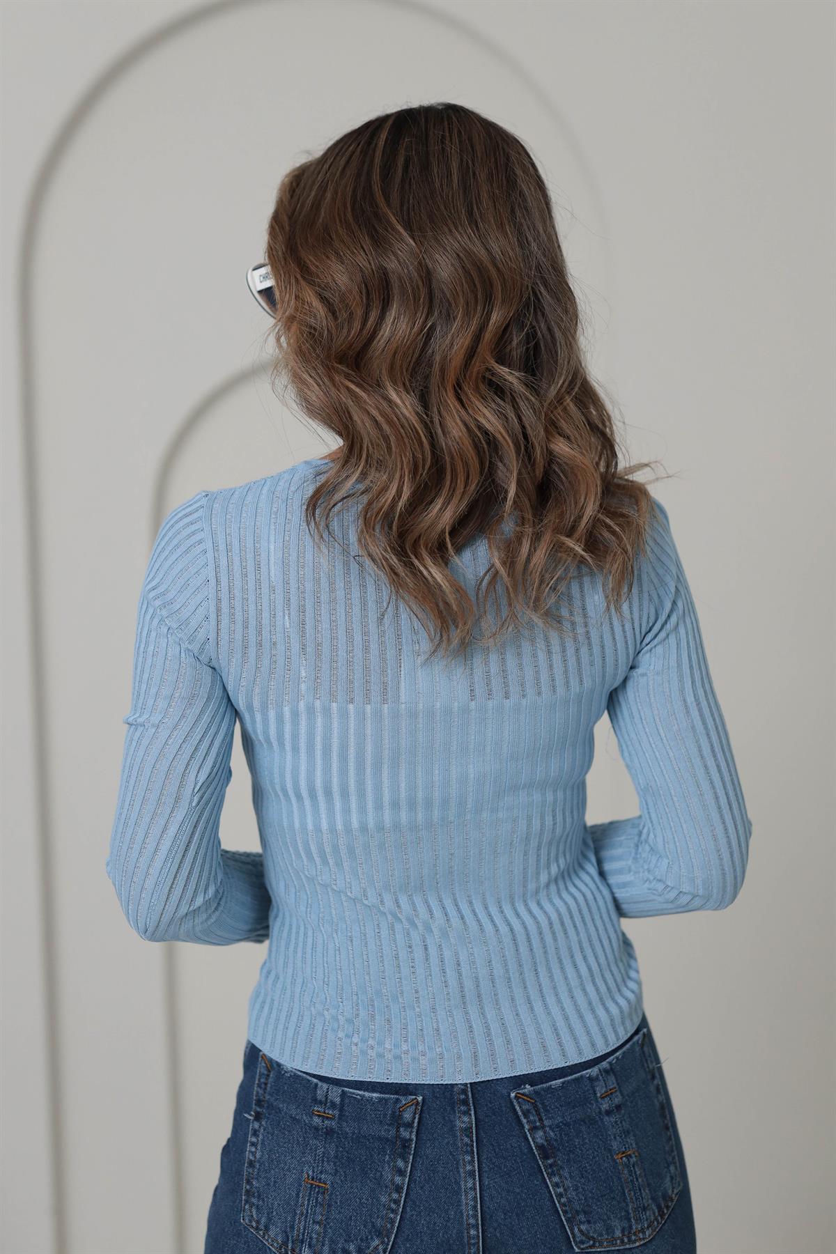 4107 Transparan Detaylı Triko Bluz BEBE MAVİ