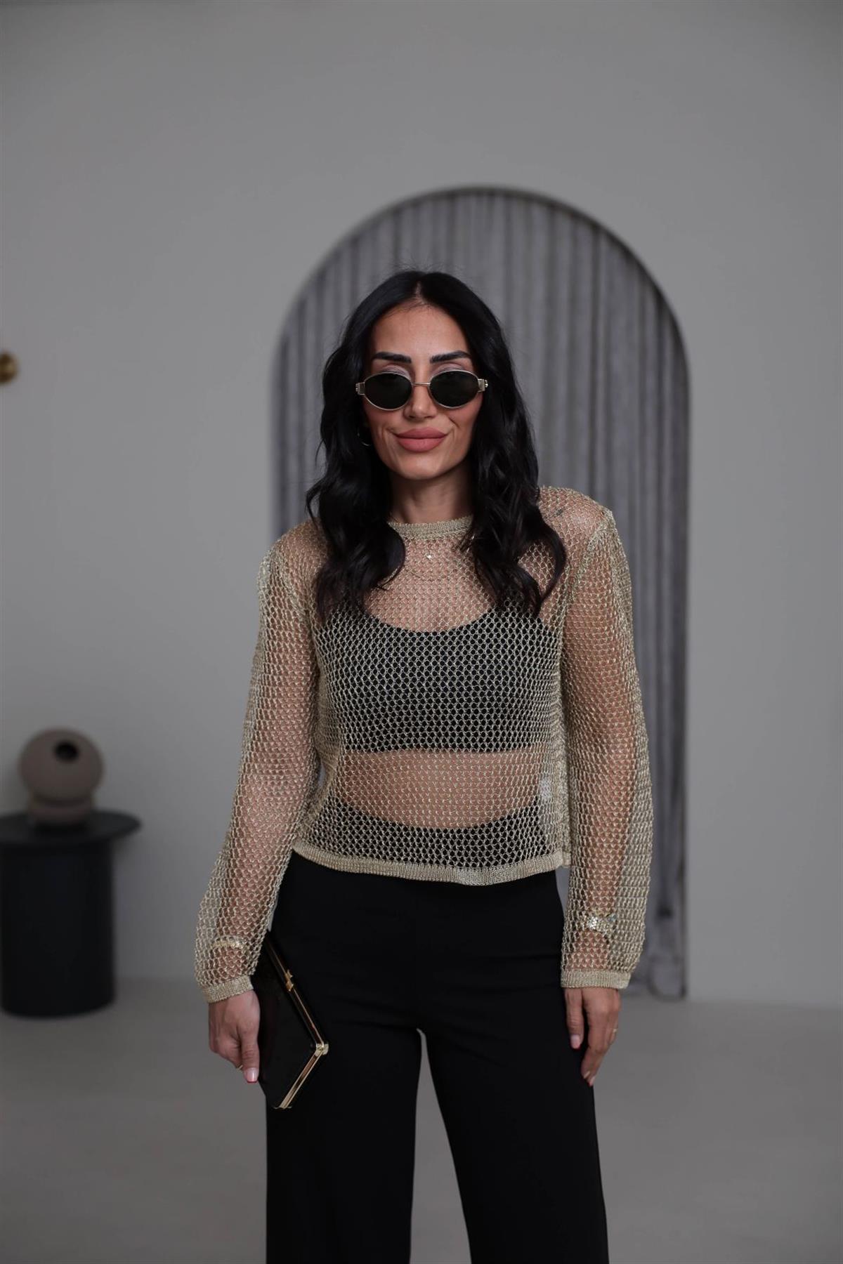 4404 Parlak Simli Ajurlu Kısa Triko GOLD