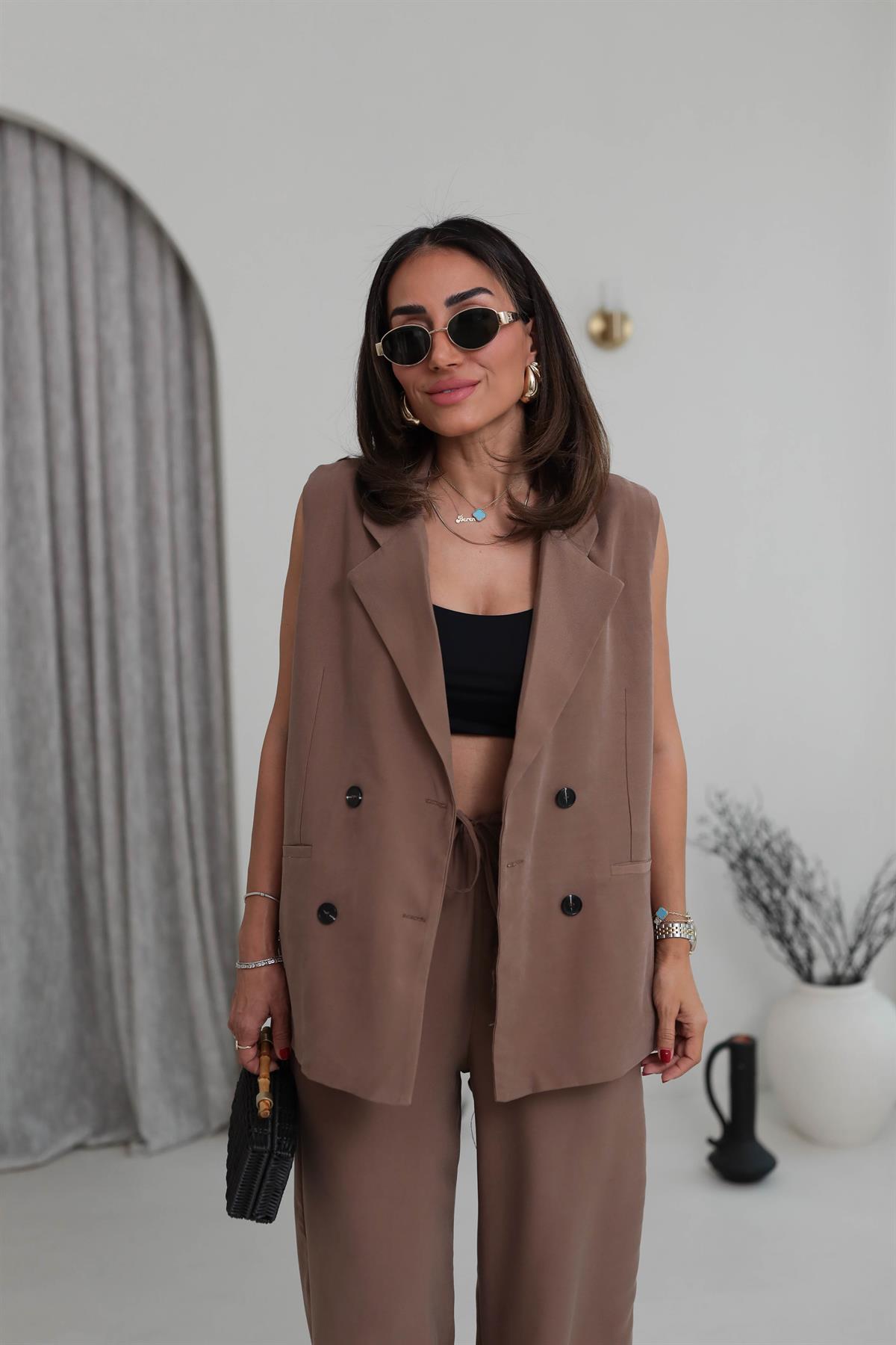 0382 Kruvaze Yaka Yelek Pantolon Tencel Takım KAHVE