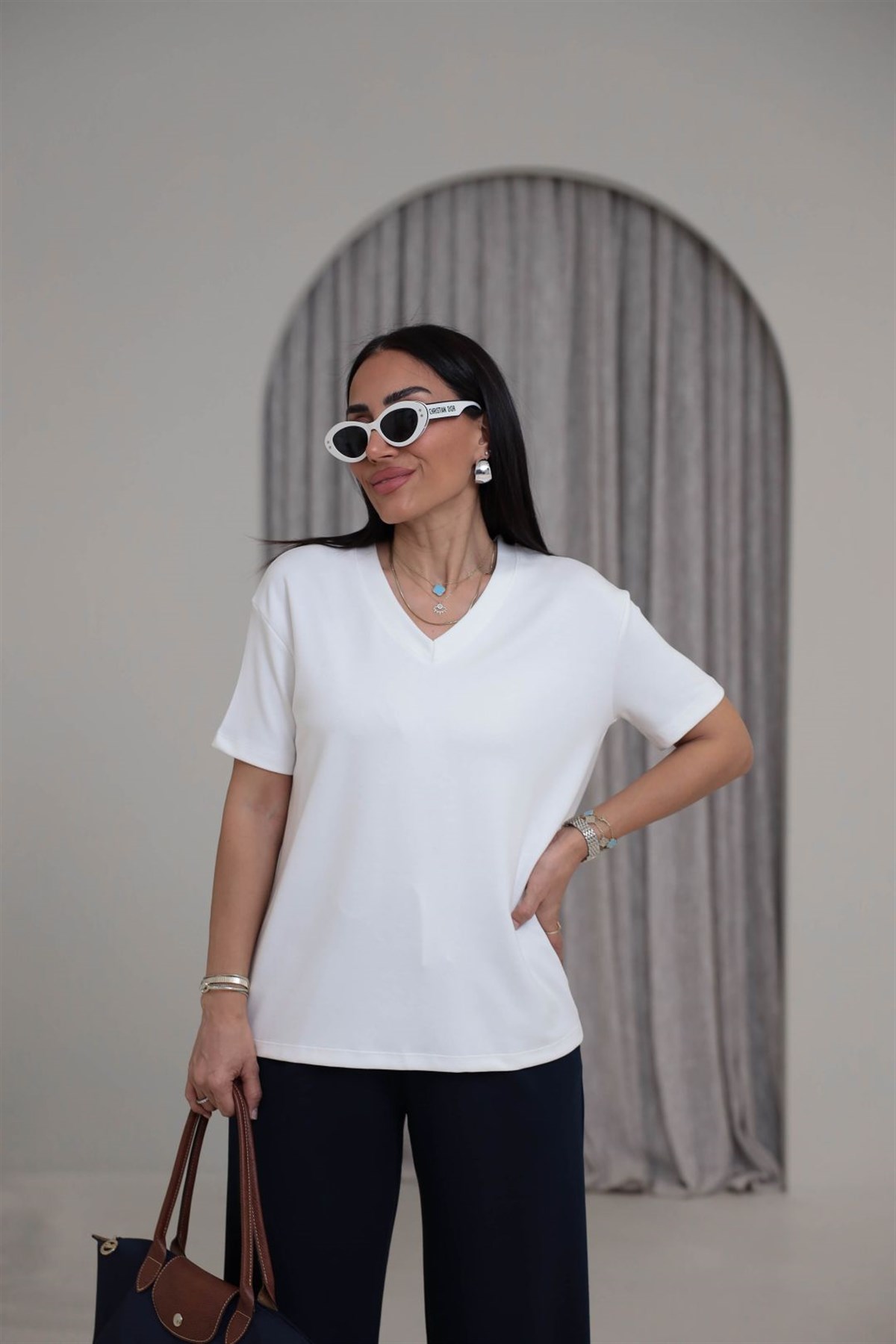 T927 V Yaka Modal Kumaş Tshirt EKRU