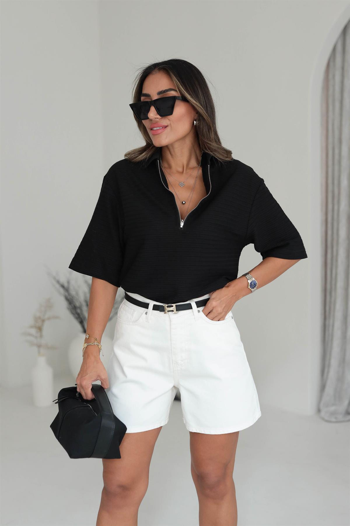 Polo Yaka Önden Fermuarlı Ajurlu Dokulu Tshirt