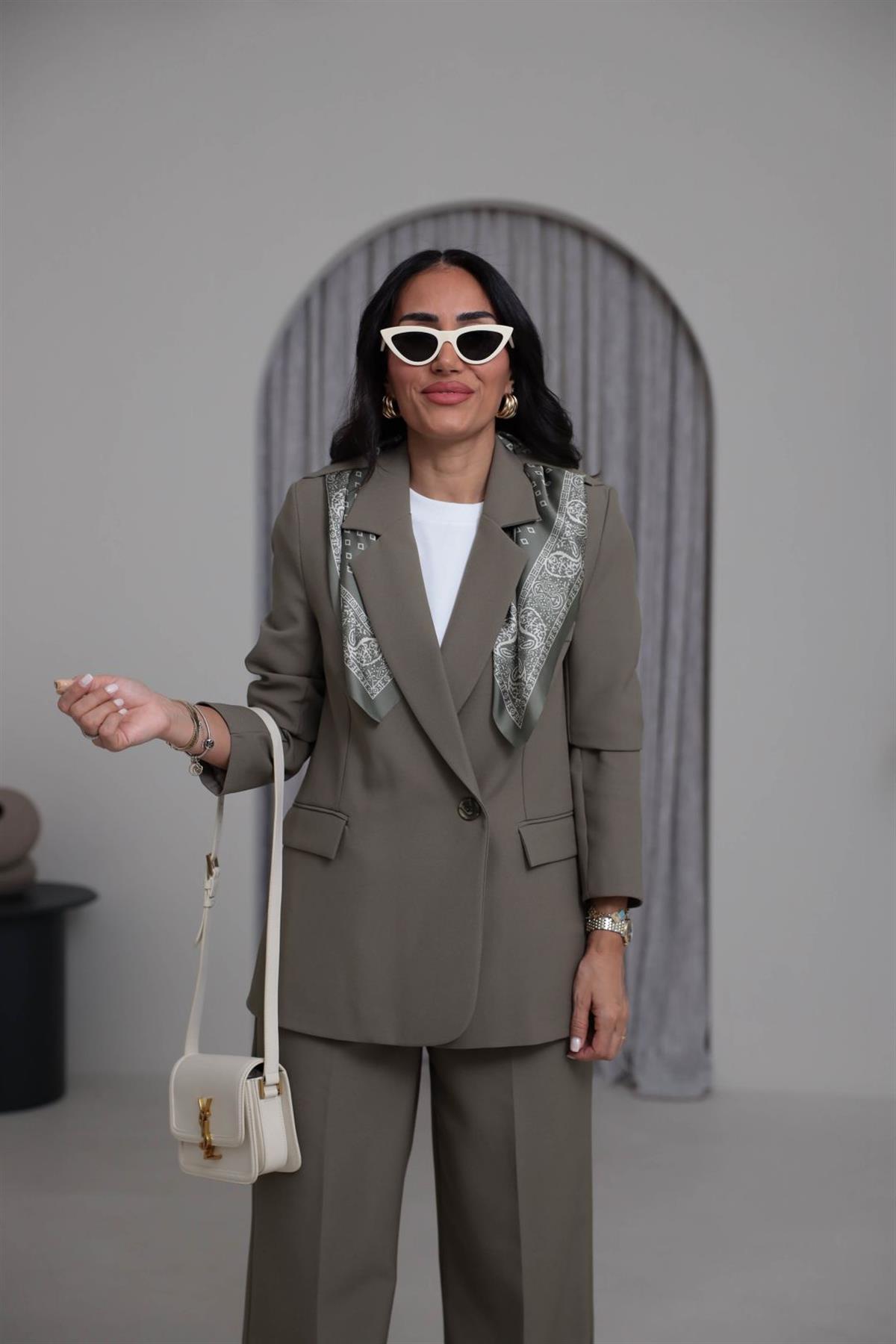 7665 Fular Detaylı Blazer Ceket HAKİ YEŞİL