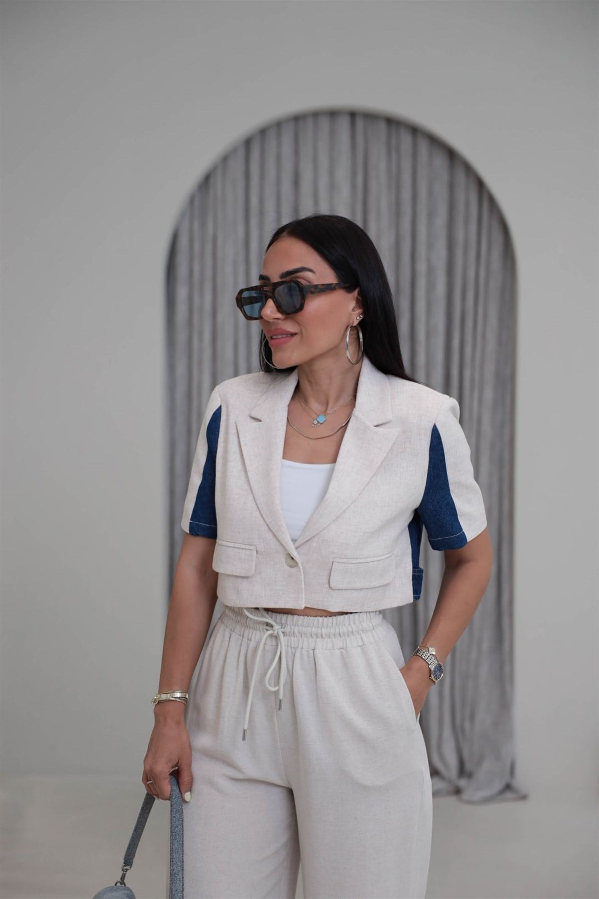 1408 Keten Ve Kot Mix Kısa Ceket NATURAL