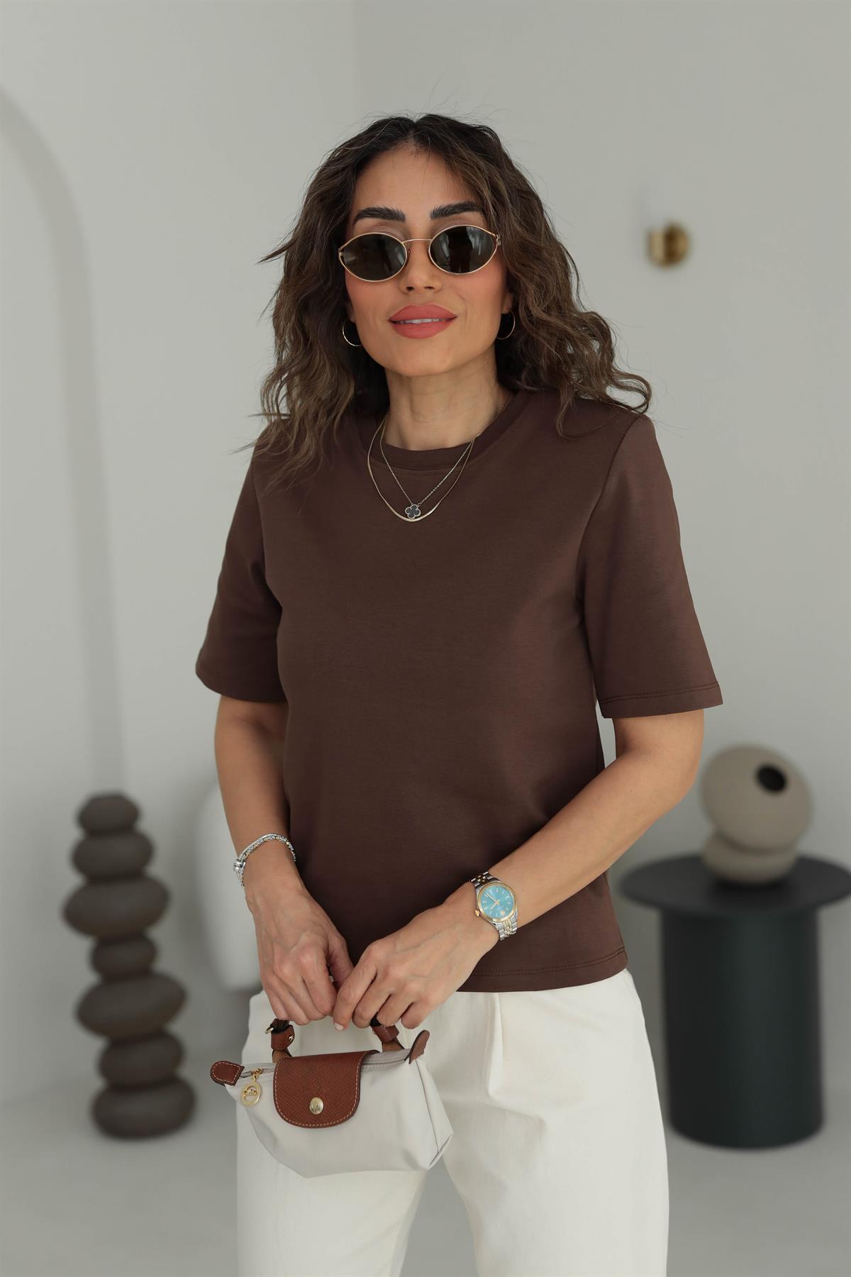 1134 Vatkalı Kalın Dokulu Tshirt KAHVE