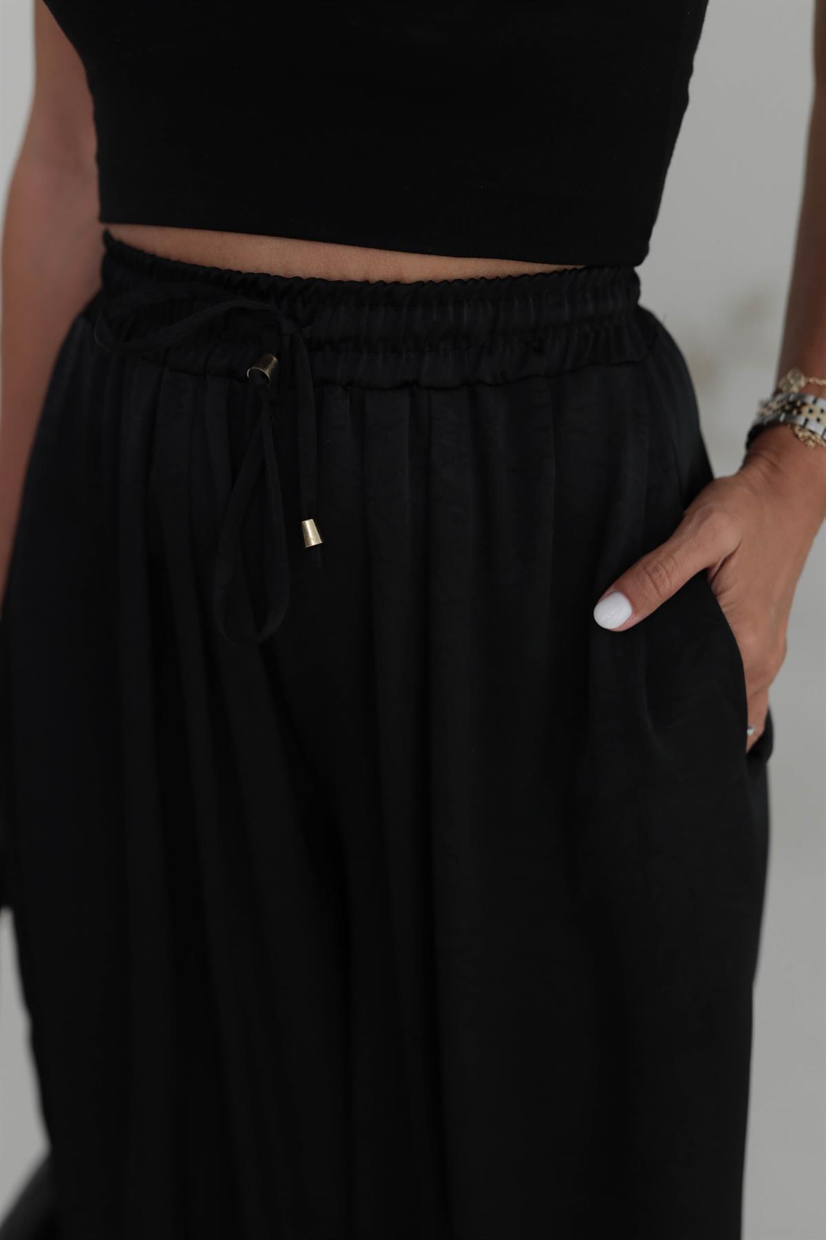 1199 Kendinden Desenli Saten Şalvar Pantolon SİYAH