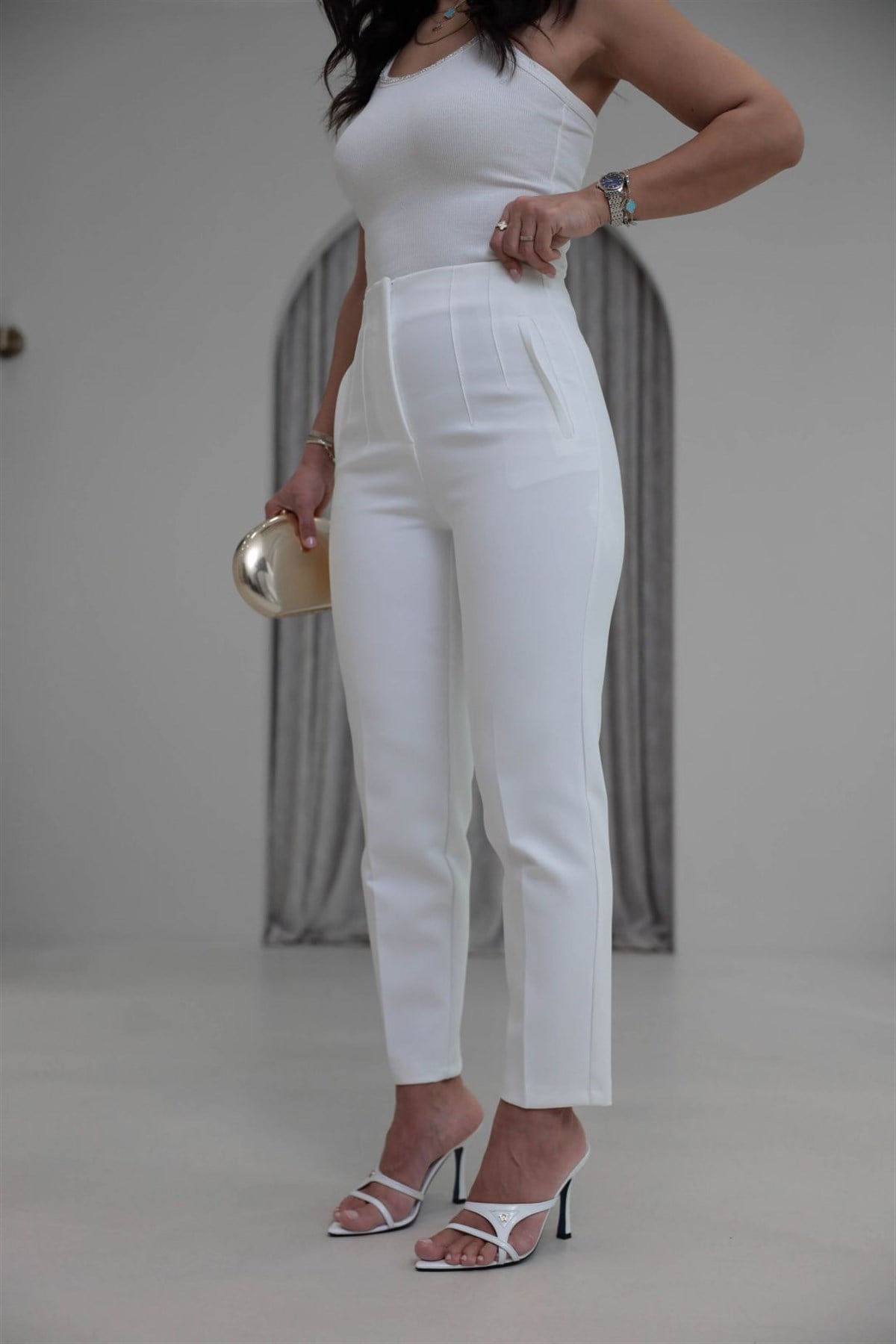 U5113-K Önü Flotalı Kumaş Pantolon BEYAZ