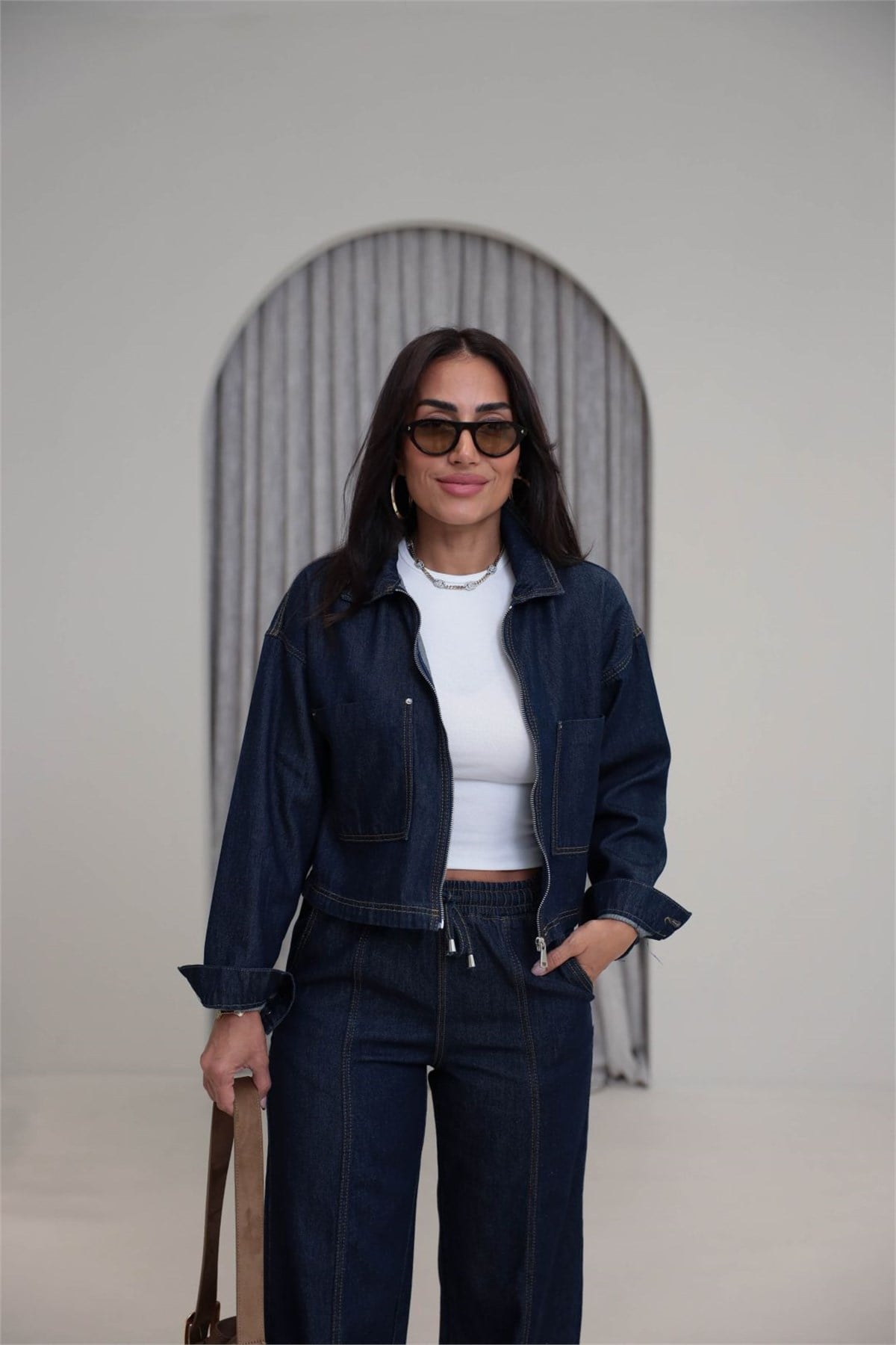 1149 Denim Kumaş Bomber Pantolon Takım LACİVERT
