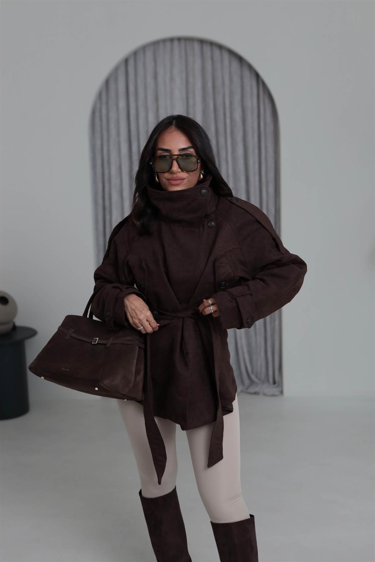 0572 Dik Yaka Apoletli Süet Mont ACI KAHVE