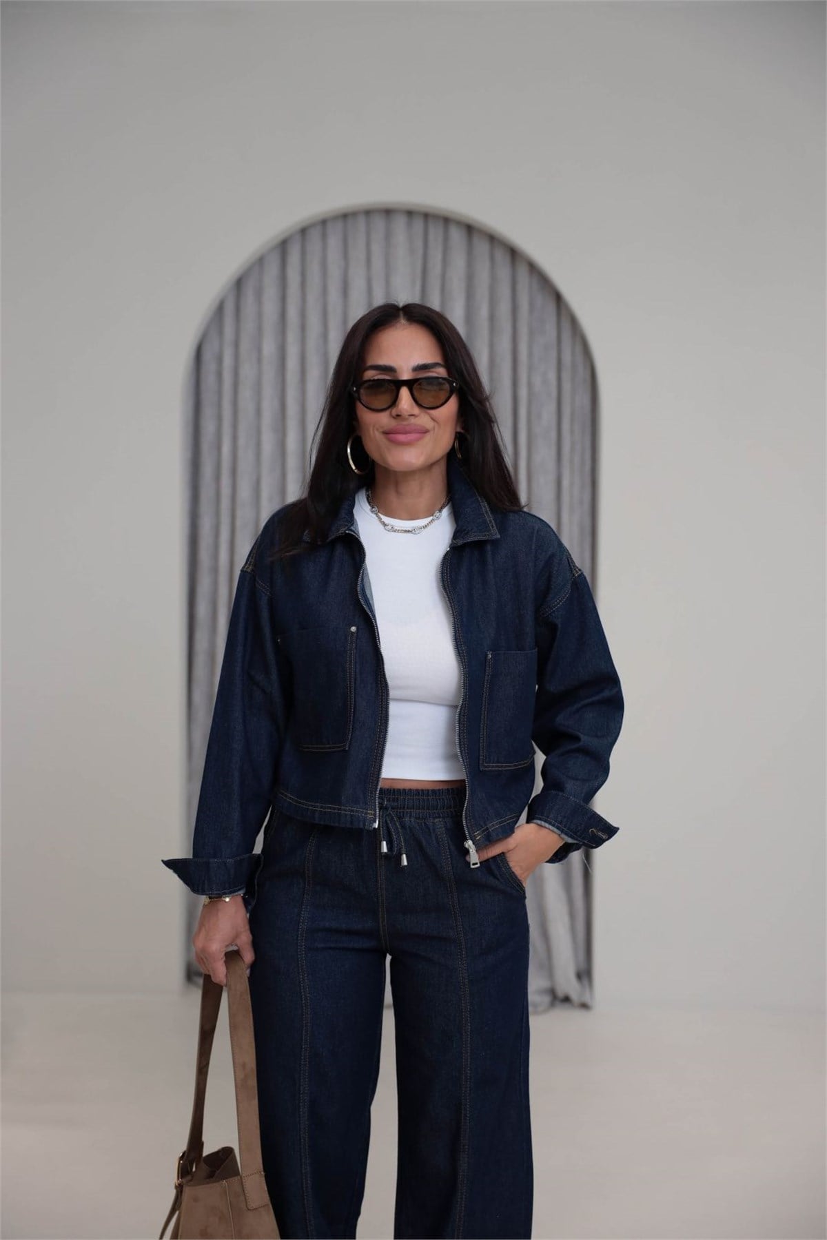 1149 Denim Kumaş Bomber Pantolon Takım LACİVERT