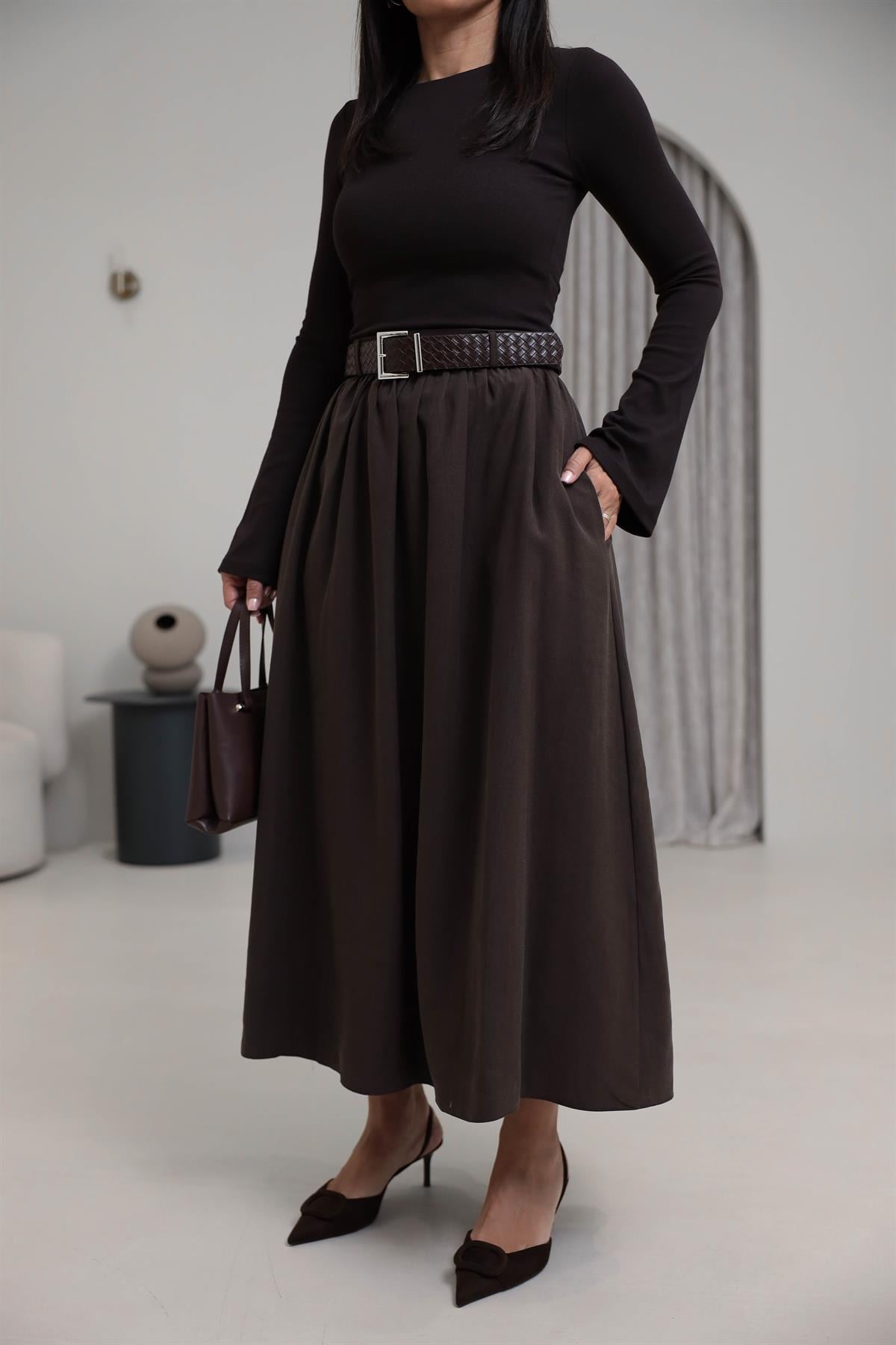 0727 Kemerli Tencel Etek KAHVE