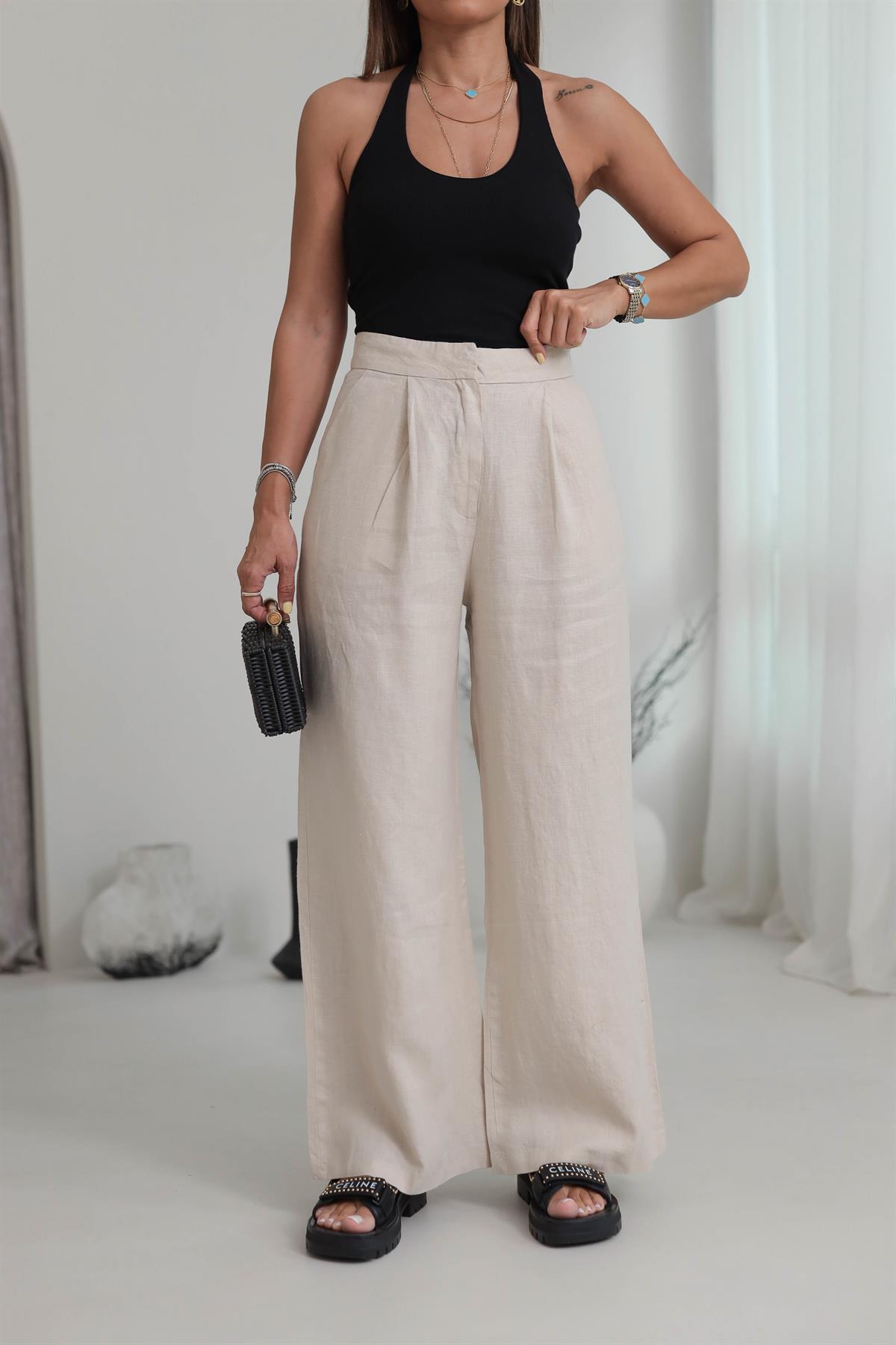 1448 Yüksek Bel Bol Paça Ham Keten Palazzo Pantolon TAŞ