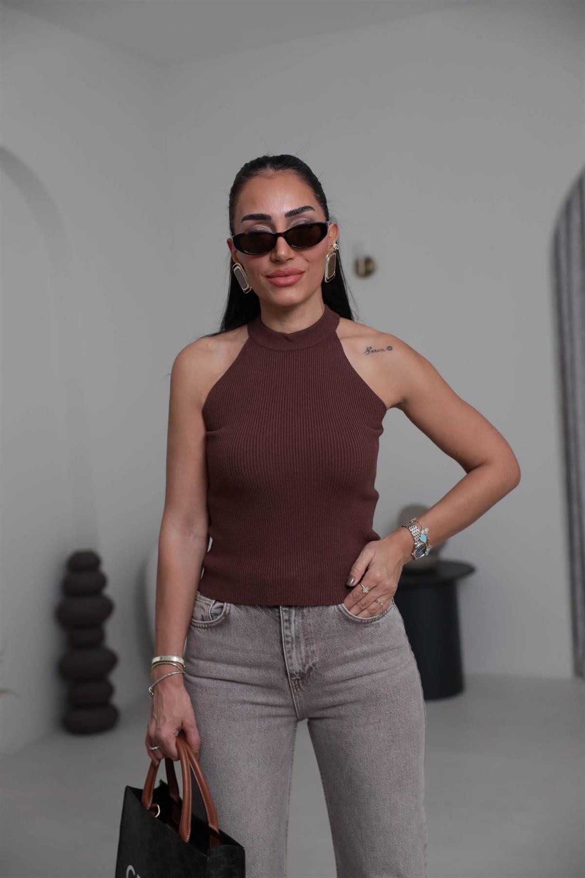 1206 V Yaka İkili Korsman Bluz KAHVE