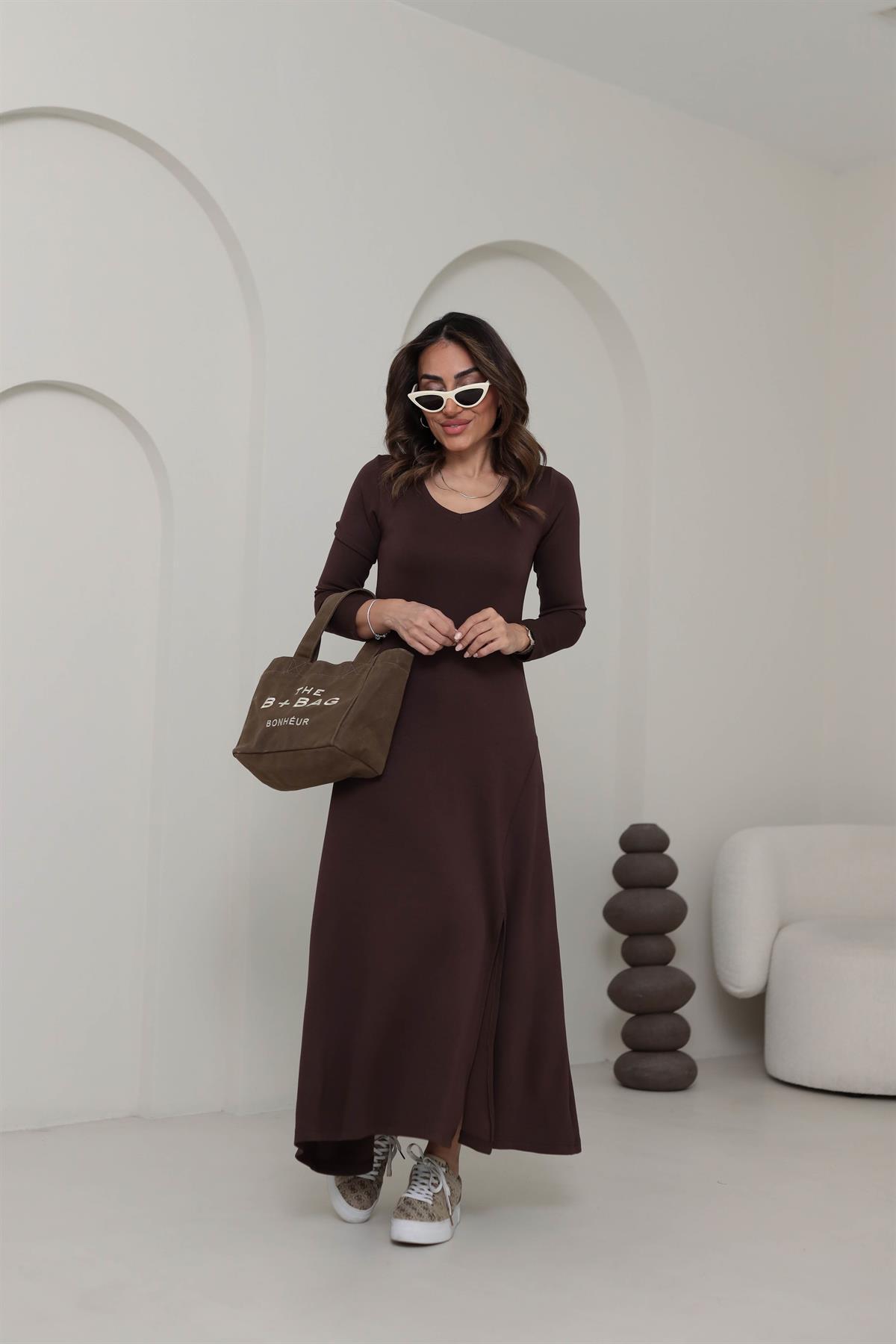 1327 U Yaka Uzun Kol Modal Penye Elbise KAHVE