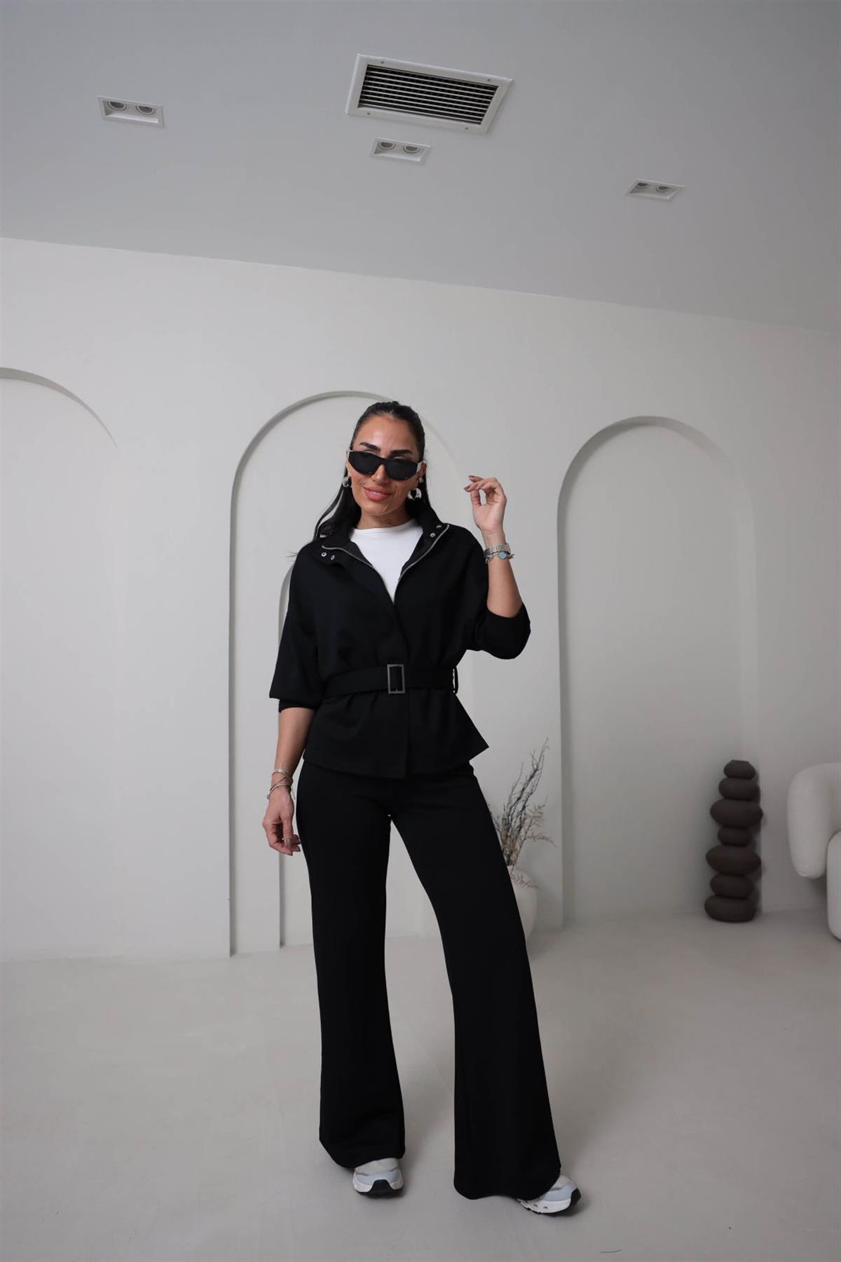 8616 Fermuarlı Kuşaklı Çıtçıt Detaylı Modal Takım SİYAH