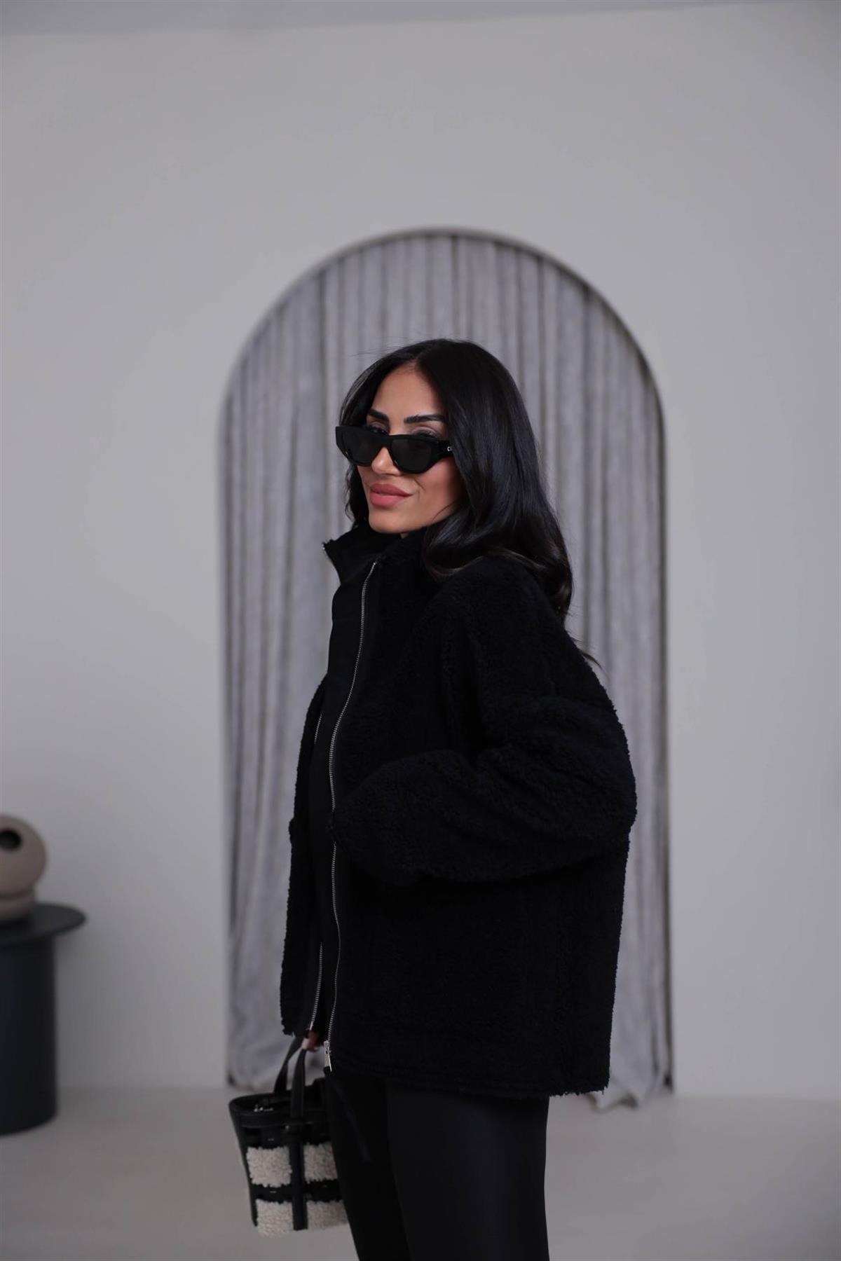 2895 Dik Yaka Fermuarlı Teddy Mont SİYAH