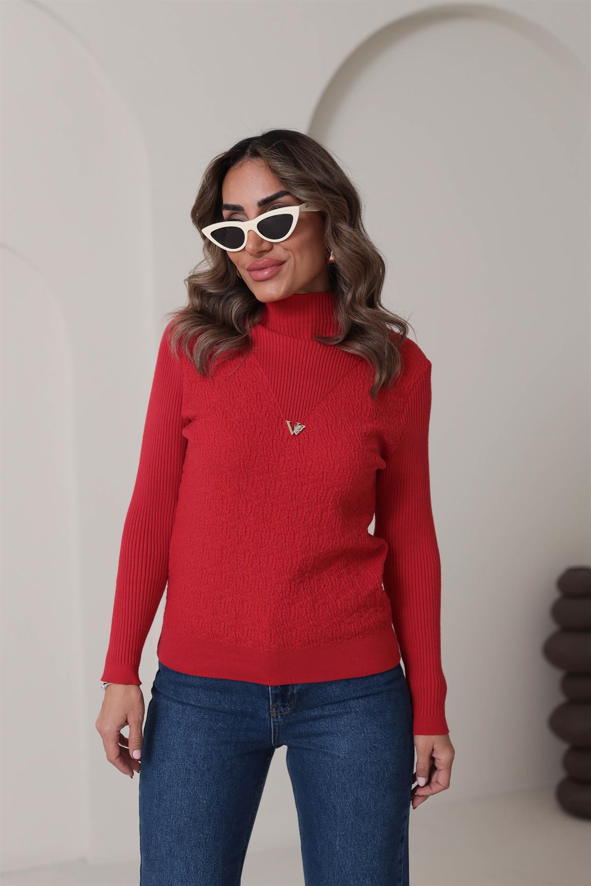 0248 Korspan Dik Yaka V Armalı Yumuşak Triko KIRMIZI