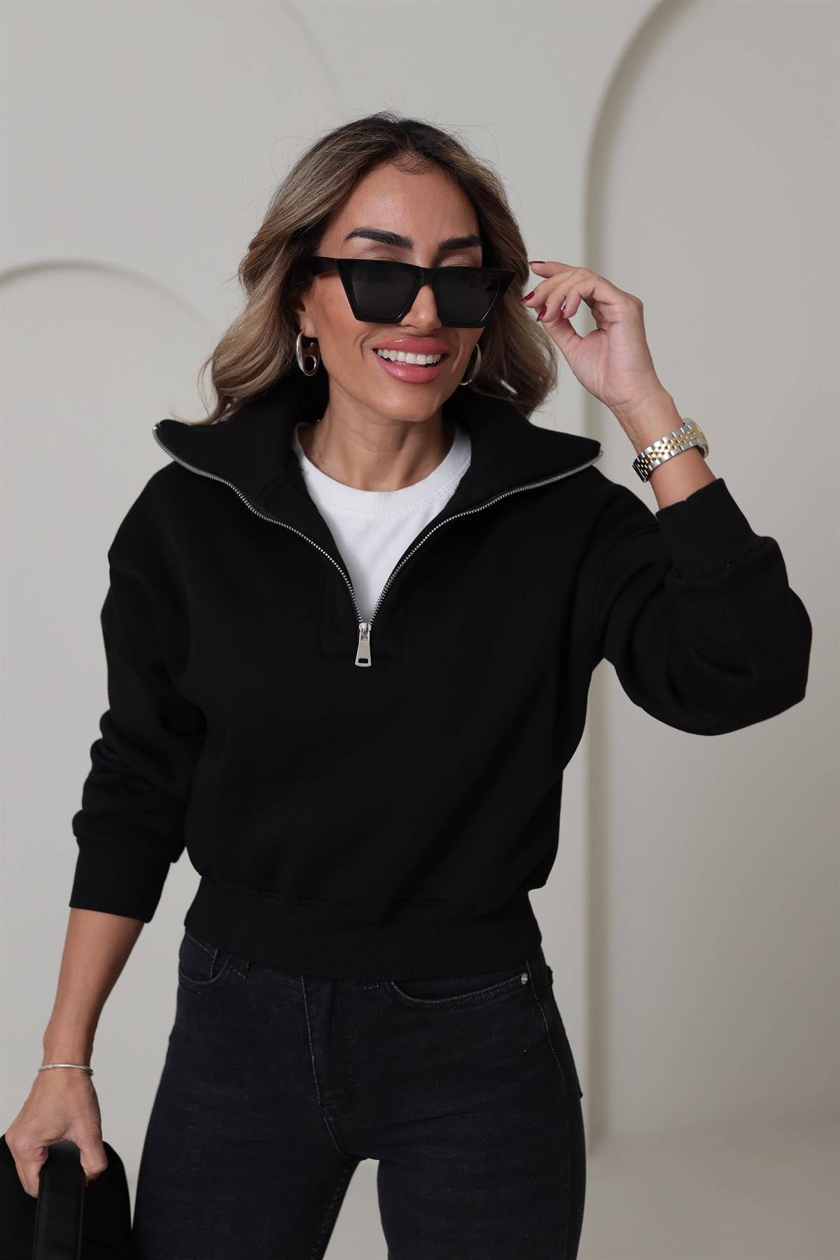 132 Fermuar Detaylı Crop Sweatshirt SİYAH