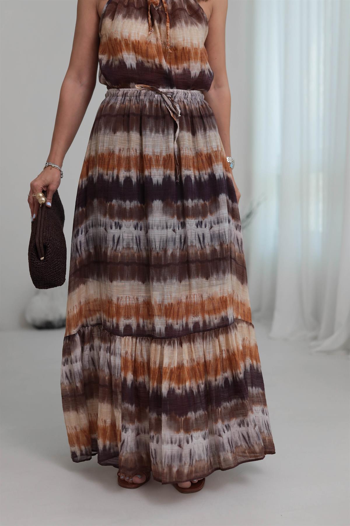 2141 Bel Lastikli Batik Maxi Etek KAHVE