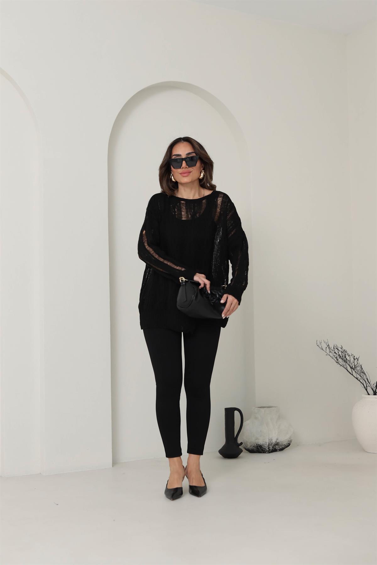 4134 Saç Örgülü Ajurlu Triko SİYAH