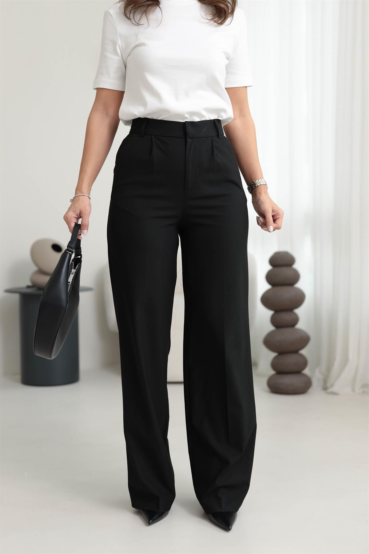 6571 Arka Bel Lastikli Palazzo Pantolon SİYAH