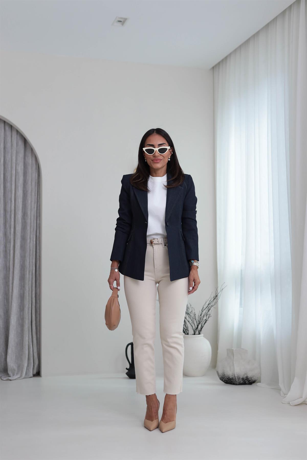 6276 Tek Düğmeli Denim Blazer Ceket LACİVERT