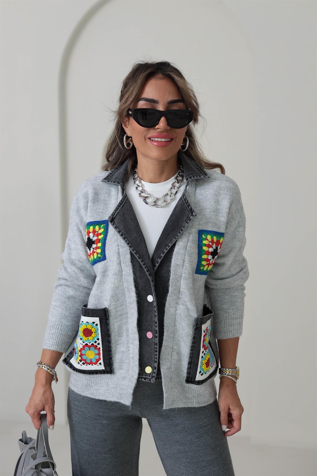 4616 Kot Mixli Nakış İşlemeli Triko Hırka