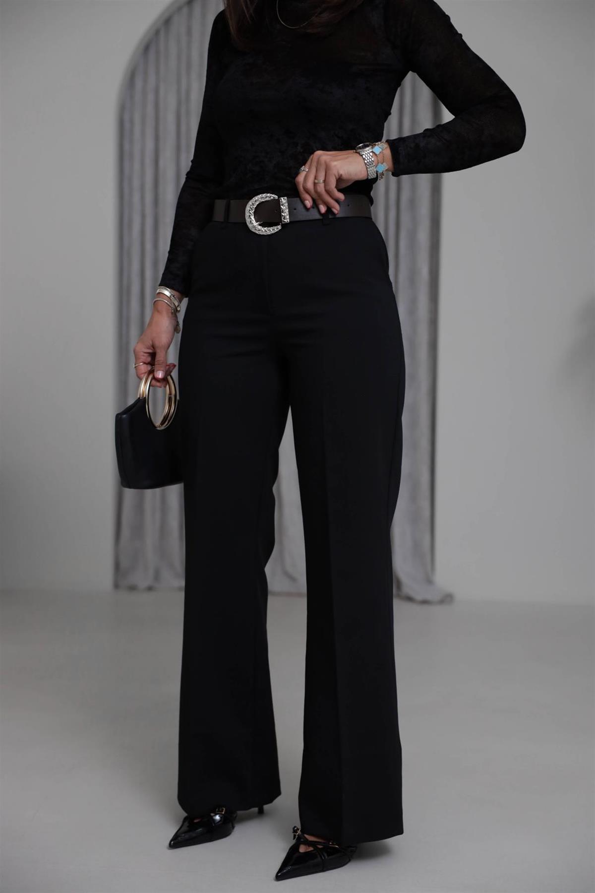 7038 Kemerli Palazzo Pantolon SİYAH