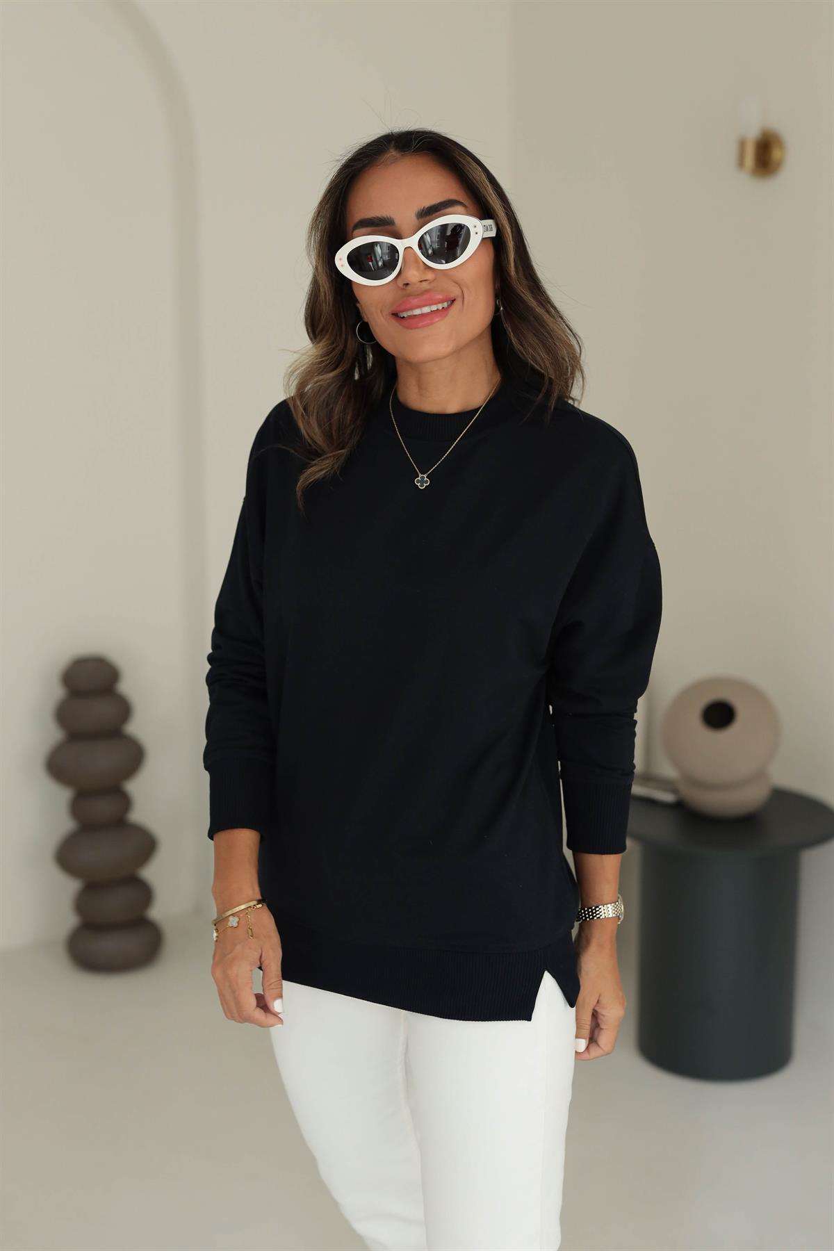 9002 Düz Basic Sweatshirt LACİVERT