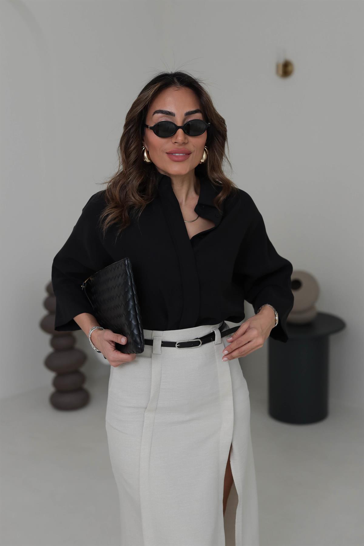 3440 Yarasa Kol Gizli Düğme Detaylı Rahat Gömlek SİYAH