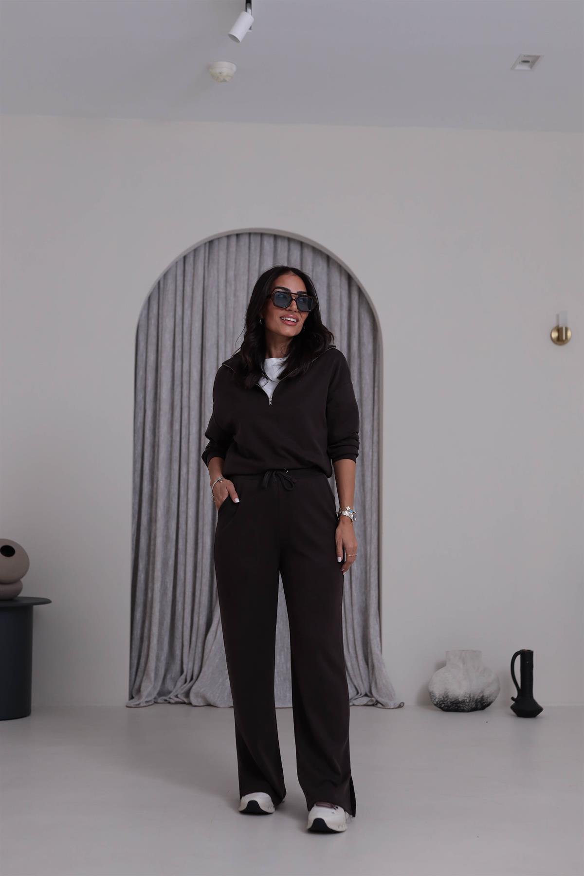 Yanları Yırtmaç Detaylı Yarım Fermuarlı Modal Takım ACI KAHVE