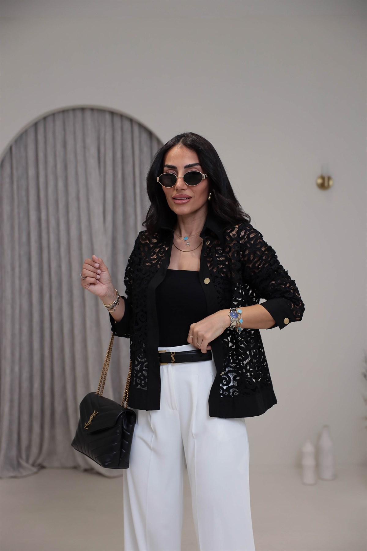 7282 Gömlek Yaka Poplin Garnili Güpürlü Ceket SİYAH