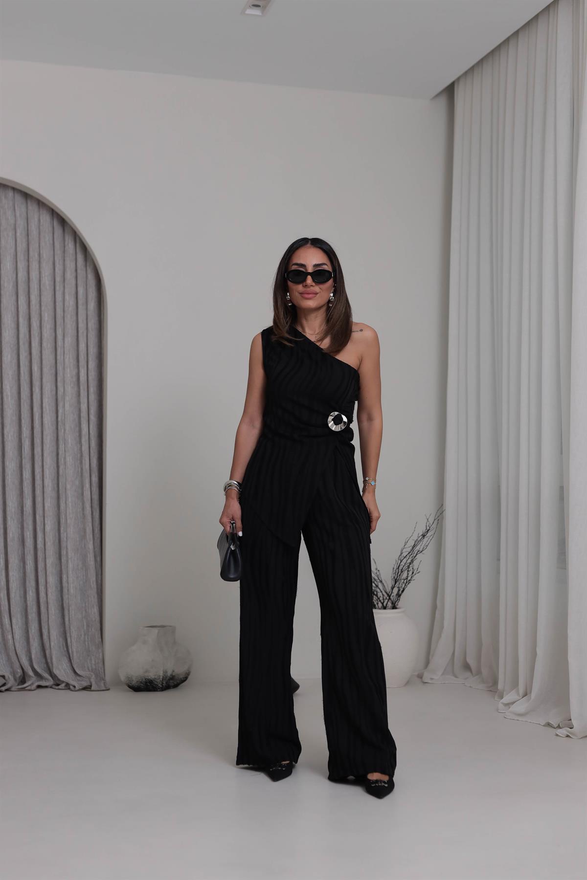 0592 Tek Omuz Toka Detay Asimetrik Bluz SİYAH