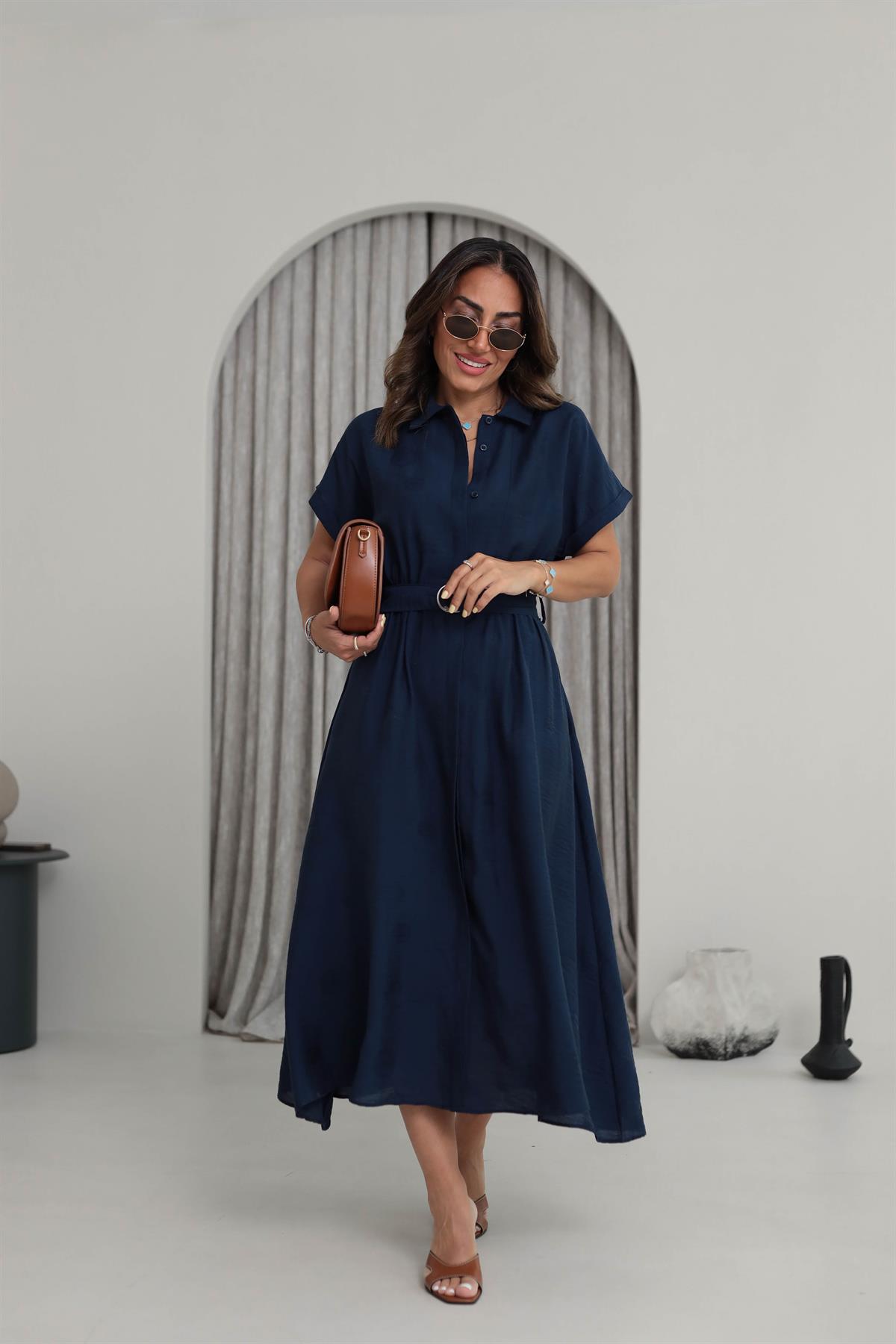 5214 Kendinden Desenli Kuşaklı Uzun Gömlek Elbise LACİVERT